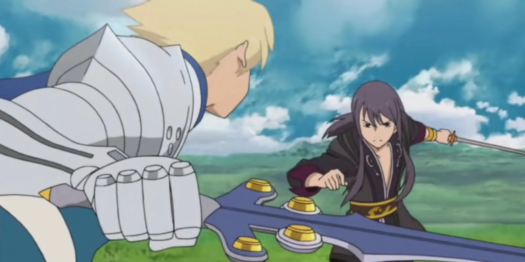 Yuri Lowell và Estelle trong một phân đoạn anime cutscene đặc trưng của series Tales of, cụ thể là Tales of Vesperia.