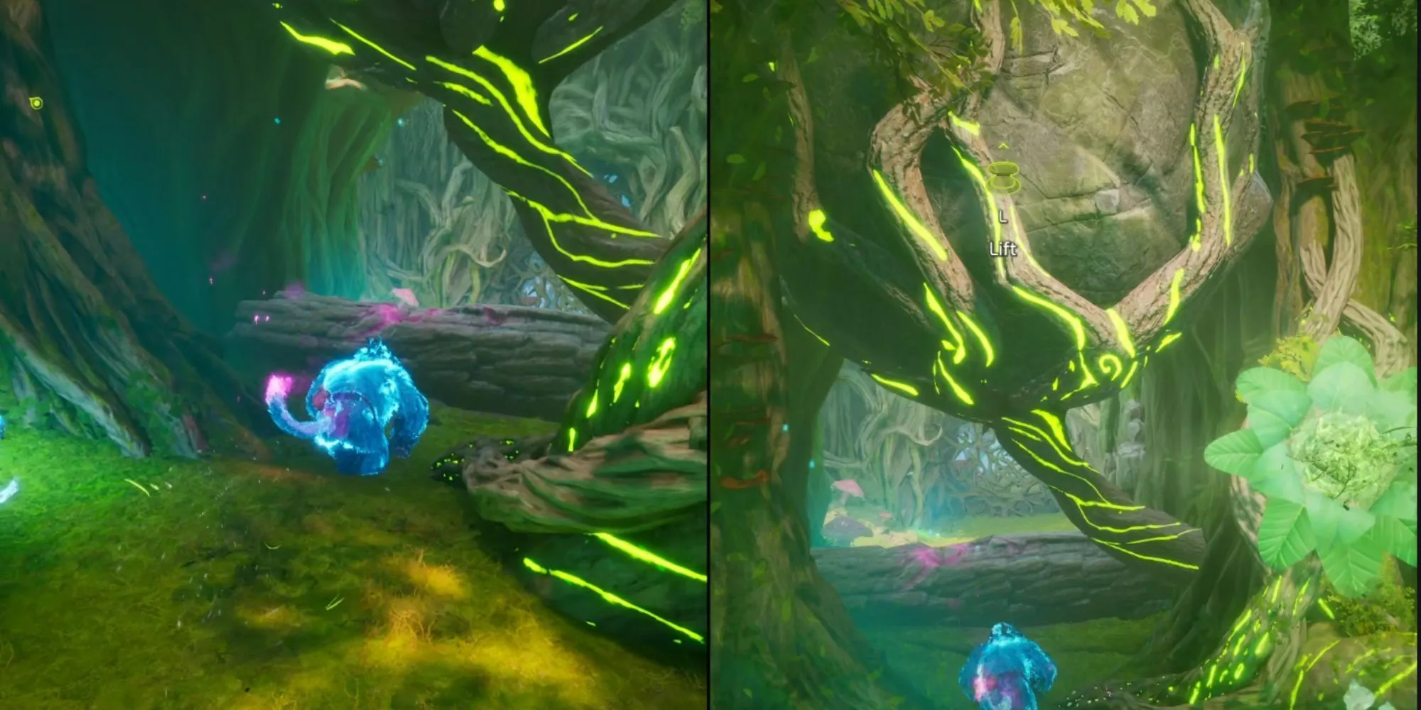 Zoe dạng Mộc Tinh nâng tảng đá lớn và Mio dạng Khỉ phá khúc gỗ trong câu đố The Underlands