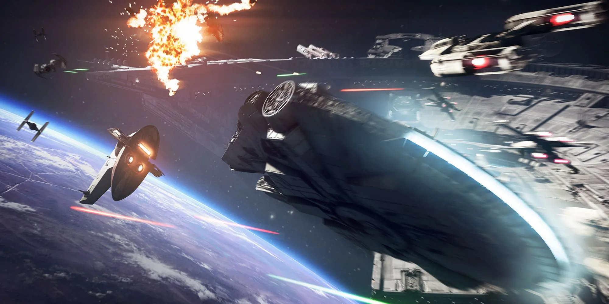 Cảnh chiến đấu không gian ấn tượng với tàu Millennium Falcon trong game Star Wars Battlefront 2, tựa game đang hồi sinh mạnh mẽ.