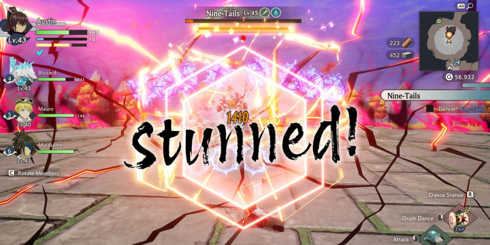 Làm choáng boss Cửu Vĩ Hồ (Nine-Tails) để gây sát thương chí mạng trong Rune Factory Guardians of Azuma