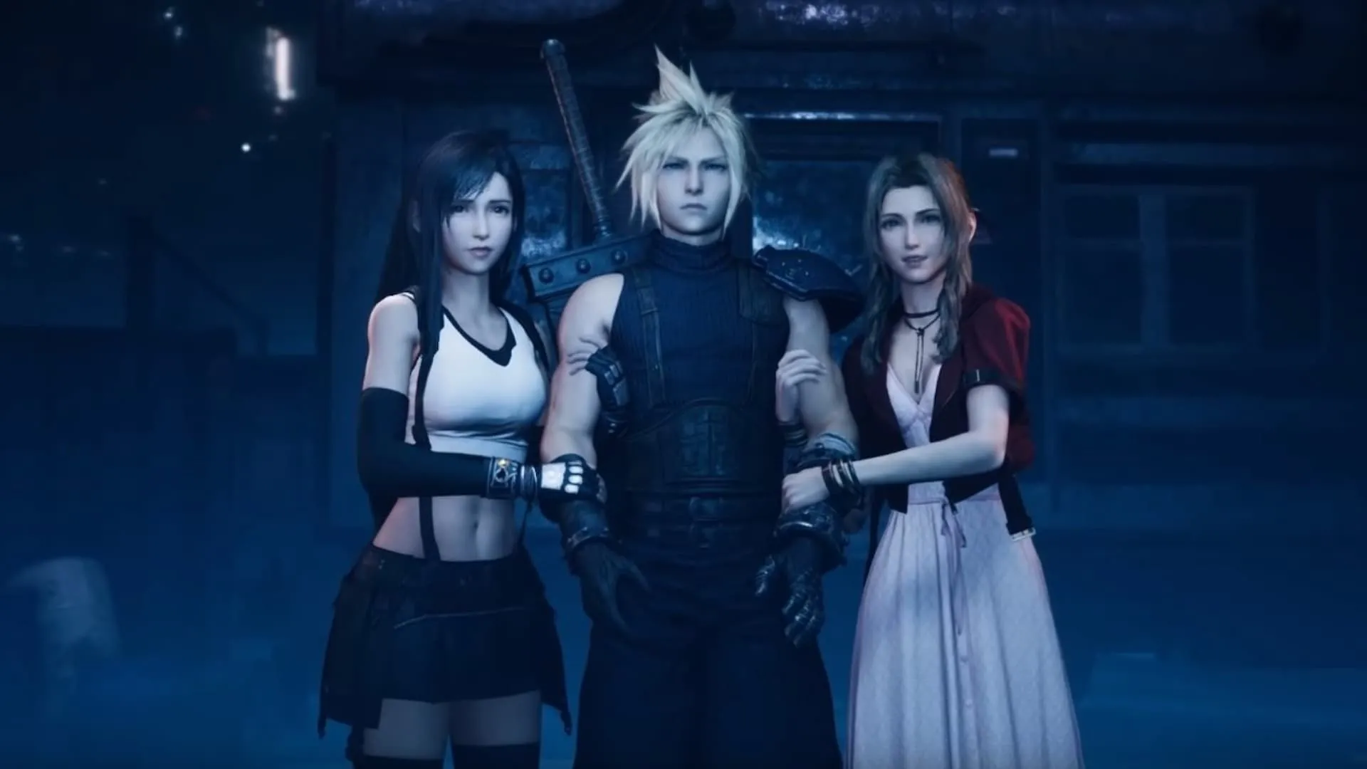 Phân cảnh ba nhân vật Aerith, Cloud, Tifa trong Final Fantasy VII Remake, xuất hiện trong bộ thẻ bài MTG crossover