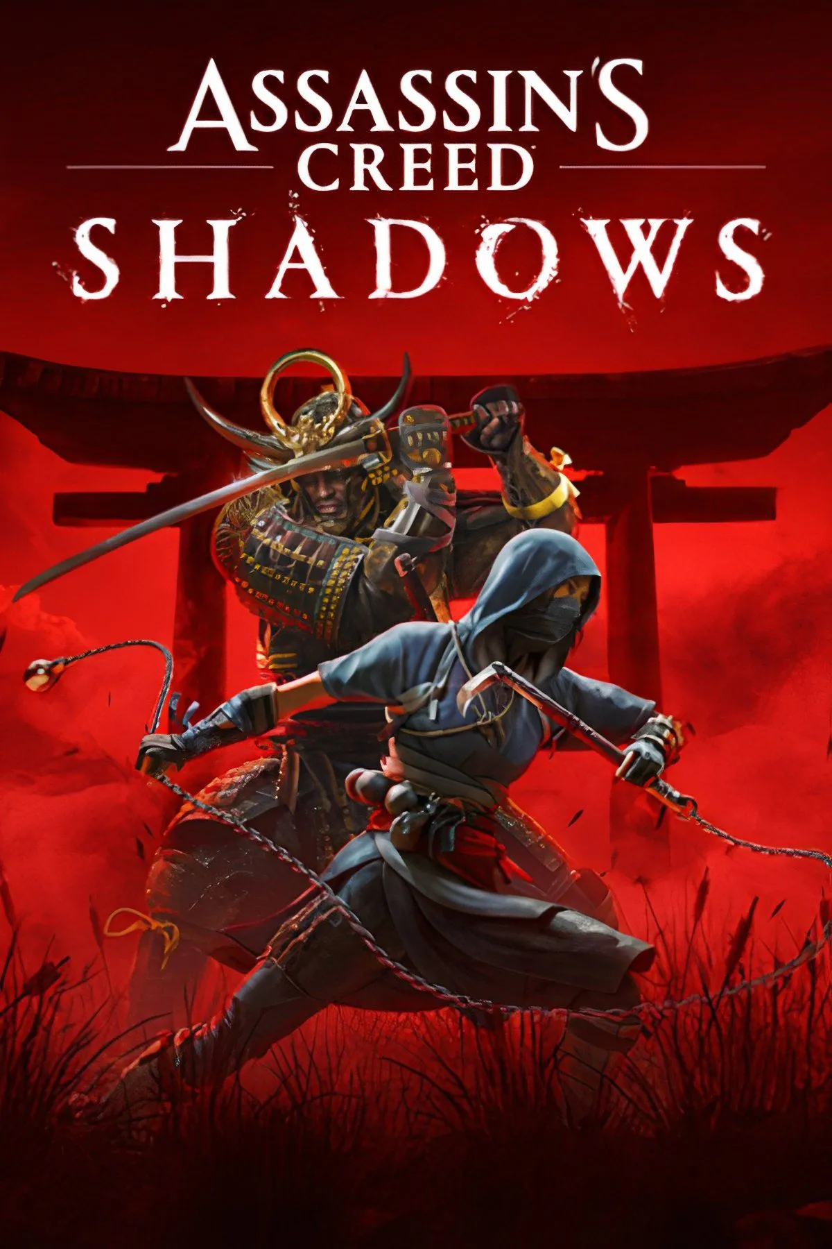 Ảnh bìa của Assassin's Creed Shadows, với hai nhân vật chính Naoe và Yasuke trong bối cảnh Nhật Bản phong kiến