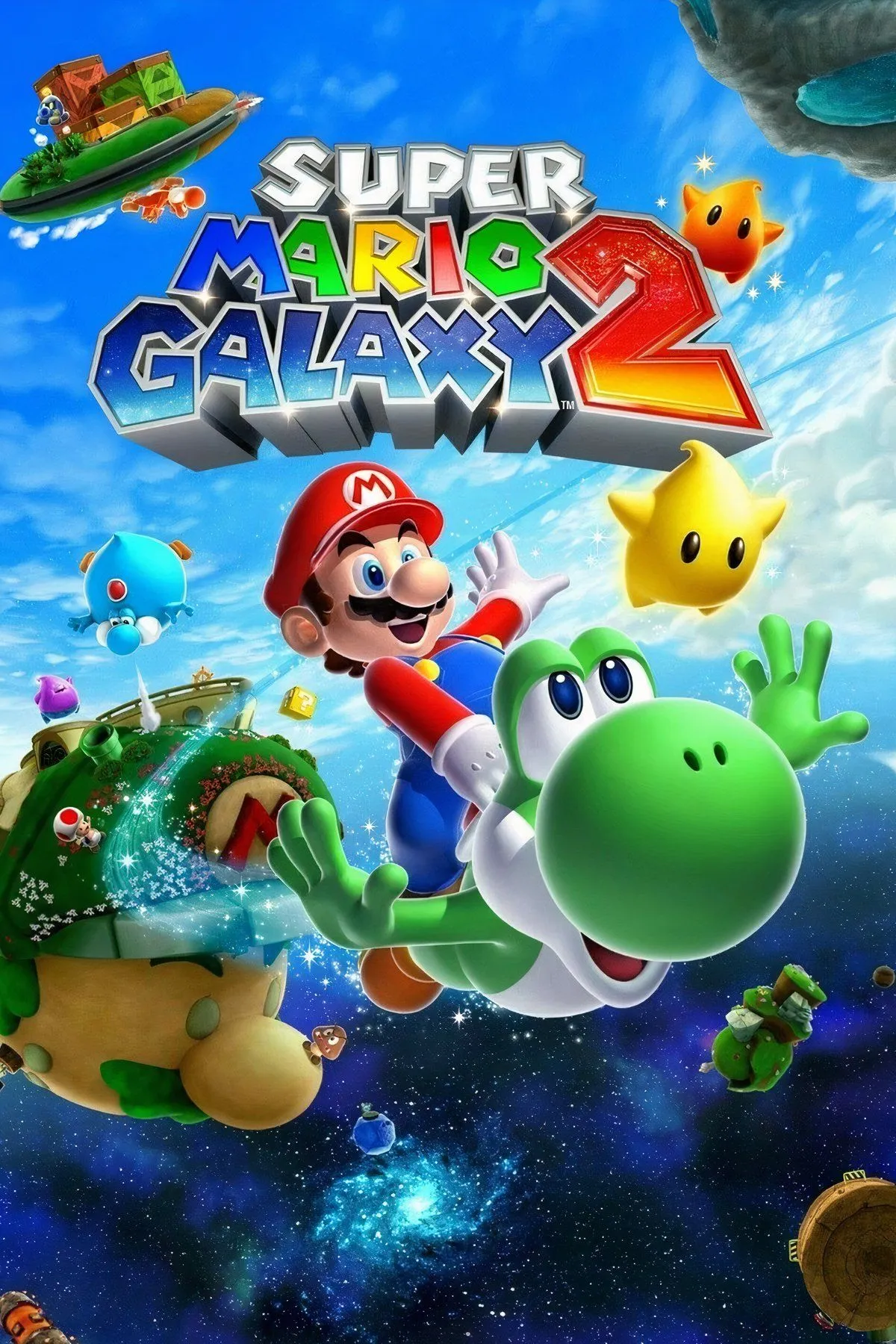 Ảnh bìa Super Mario Galaxy 2 với Mario và Yoshi khám phá những hành tinh độc đáo