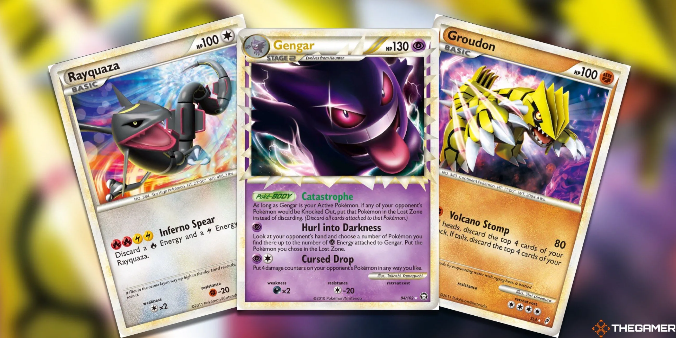 Ba thẻ bài Pokemon TCG quý hiếm từ kỷ nguyên HeartGold &amp; SoulSilver: Rayquaza Shiny, Gengar Prime và Groudon Shiny.