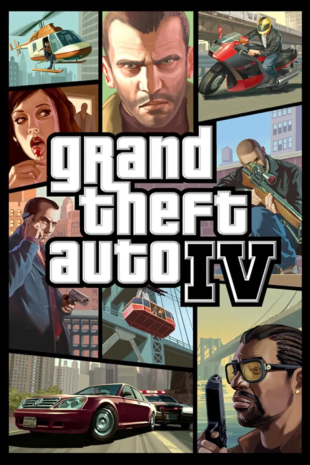 Bìa game Grand Theft Auto 4 với Niko Bellic cùng bối cảnh thành phố Liberty City