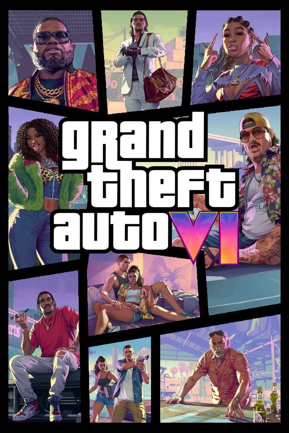 Bìa game Grand Theft Auto 6 với tông màu hồng tím đặc trưng của Vice City, mang đậm dấu ấn thập niên 80