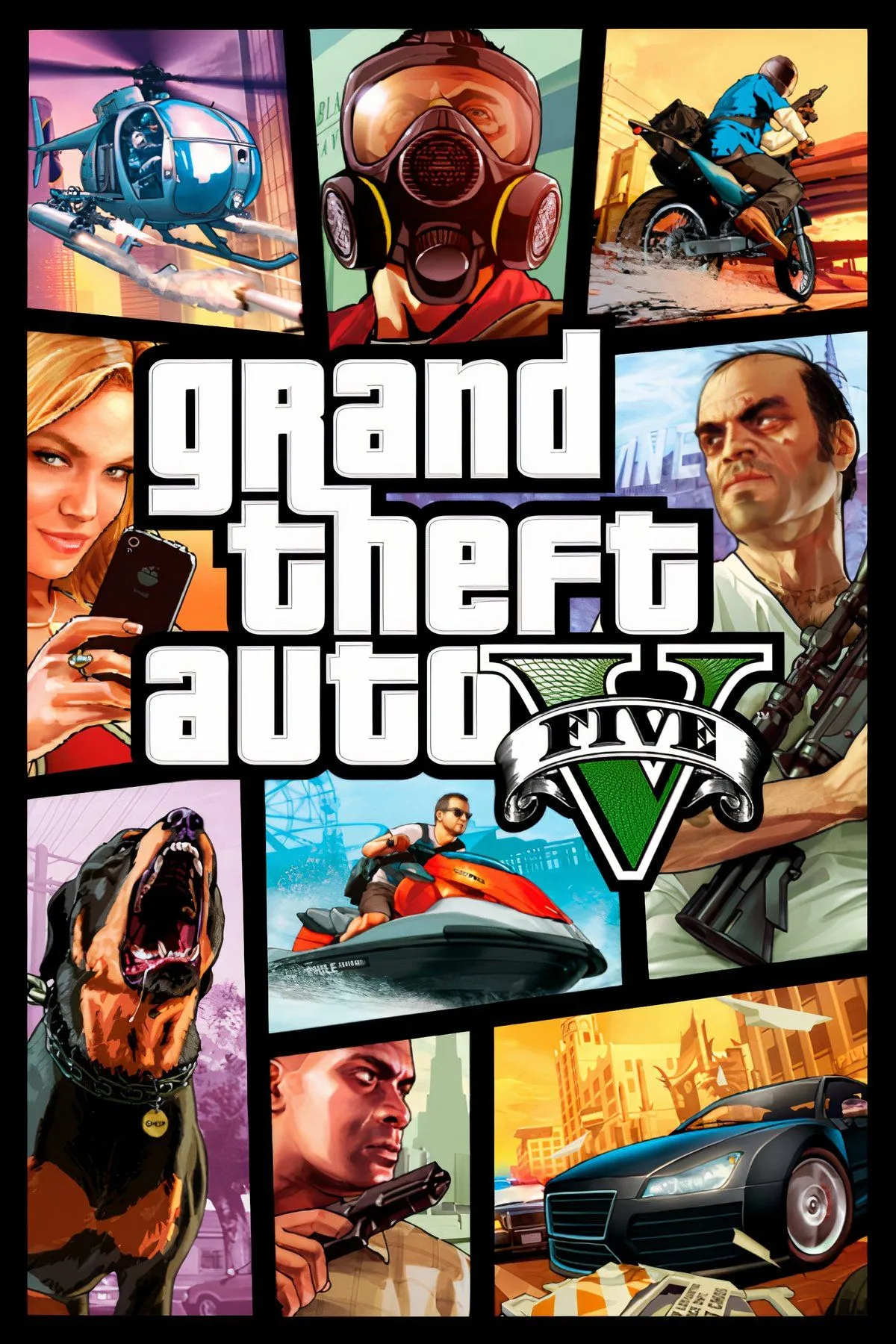 Bìa game Grand Theft Auto V với bộ ba Michael, Trevor, Franklin và thành phố Los Santos
