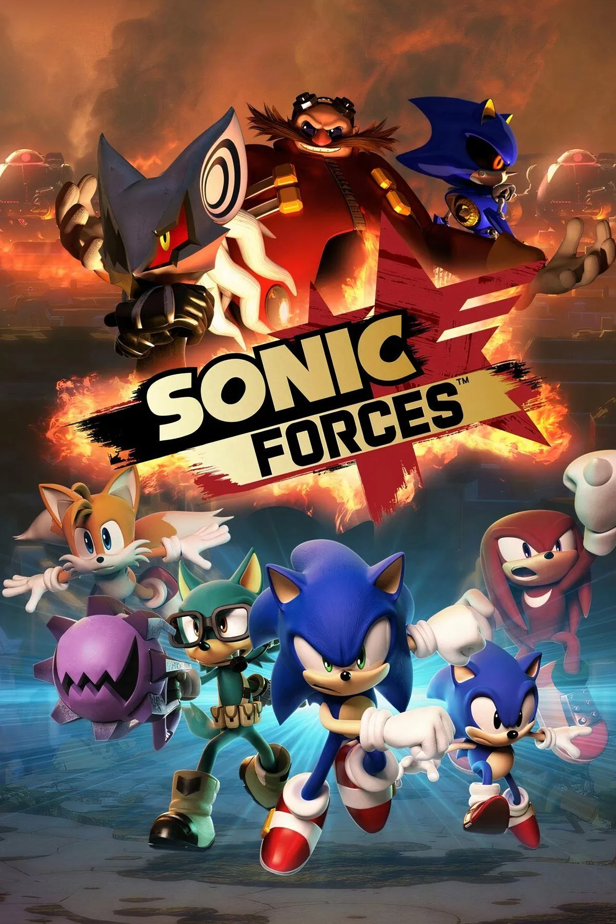 Bìa game Sonic Forces với Sonic và các nhân vật chiến đấu chống lại kẻ thù