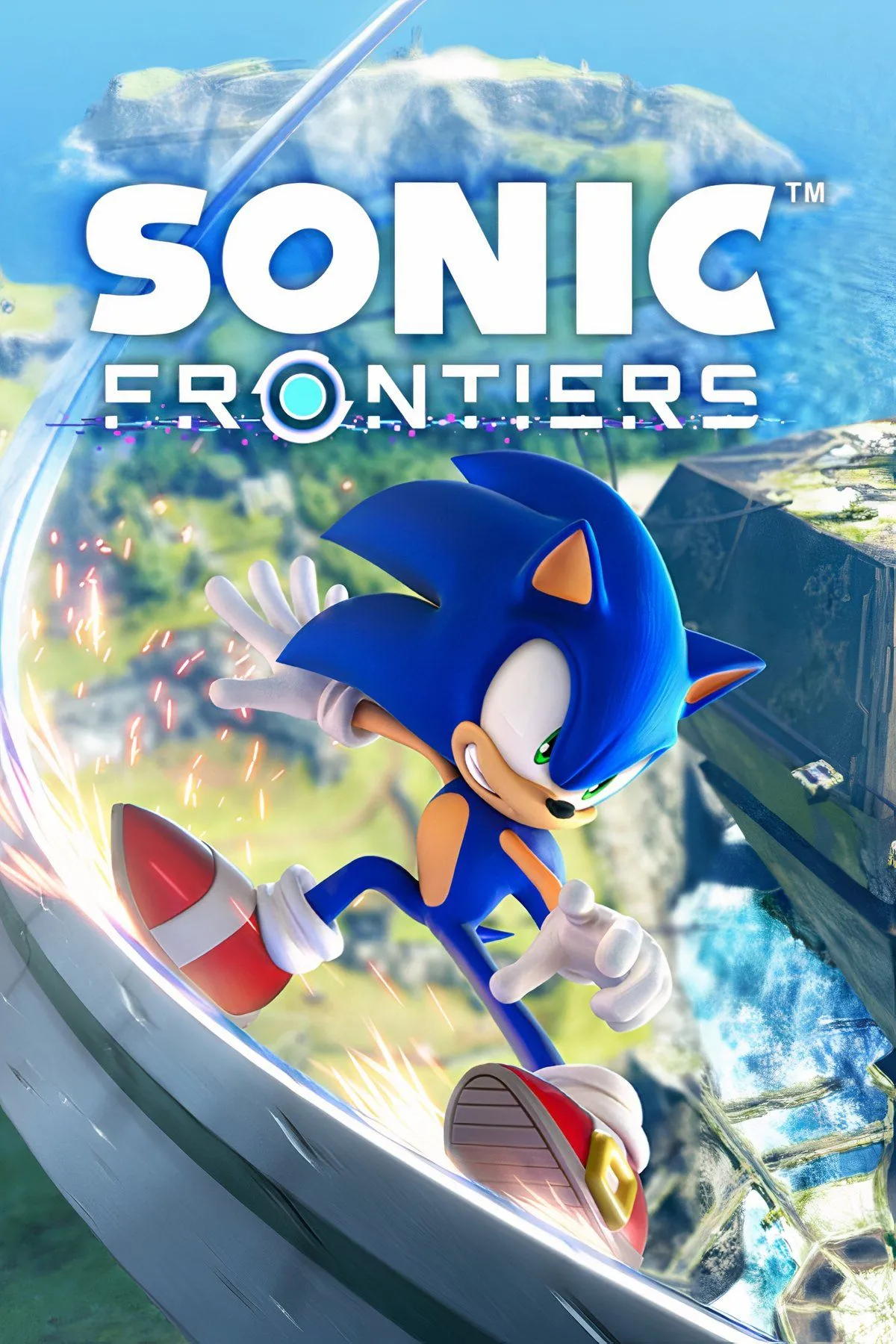 Bìa game Sonic Frontiers với Sonic phi nước đại trong thế giới mở