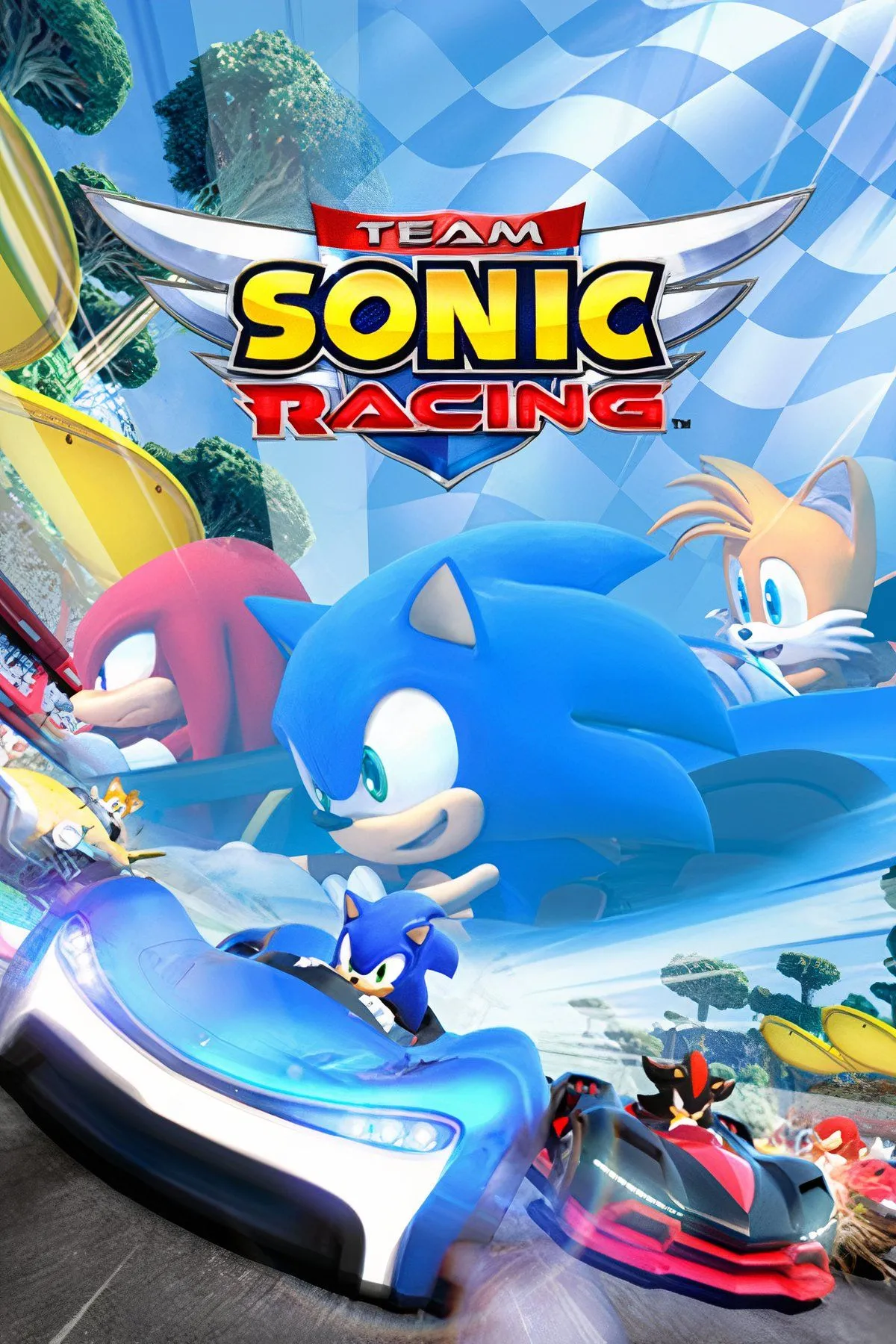 Bìa game Team Sonic Racing với dàn nhân vật đua xe tốc độ cao