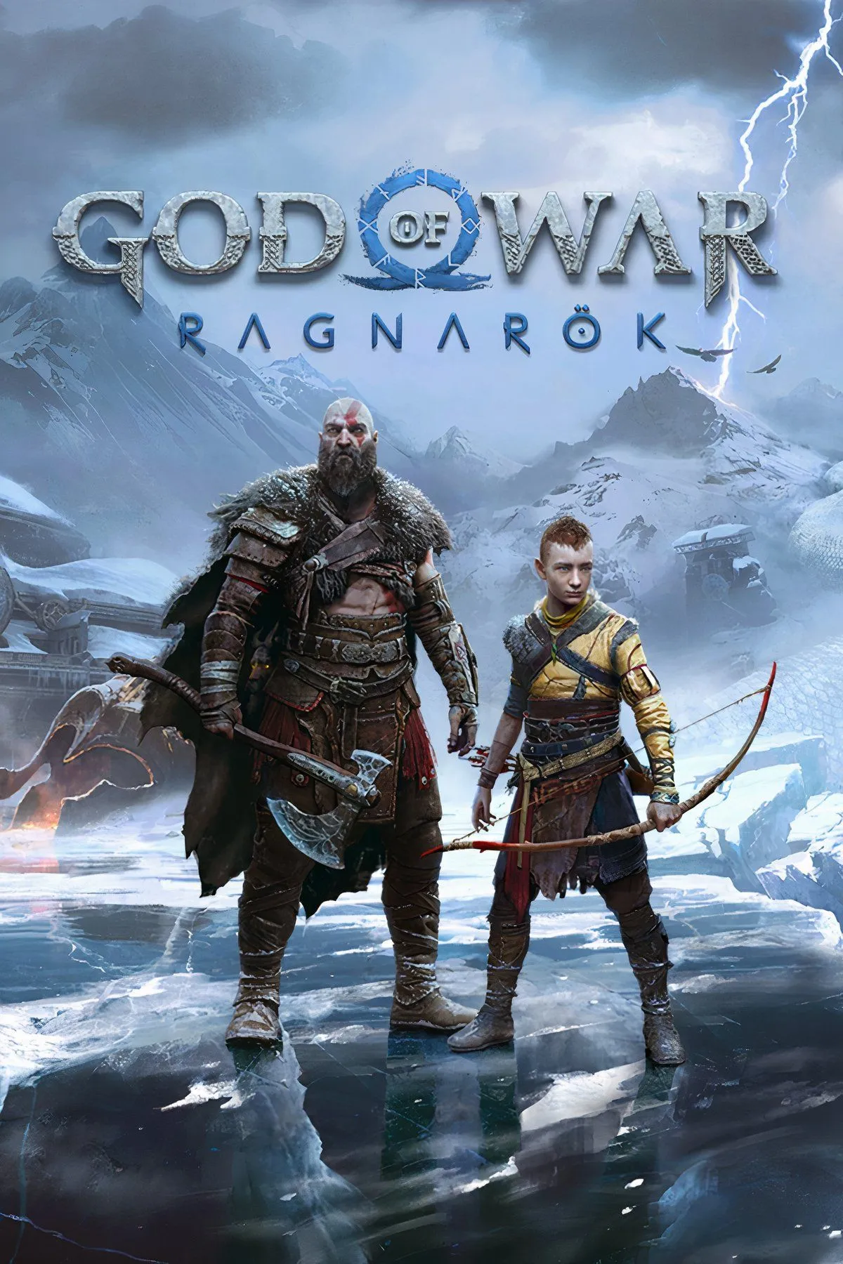 Bìa nghệ thuật game God of War Ragnarok, thể hiện thế giới Bắc Âu hùng vĩ và Kratos trưởng thành.