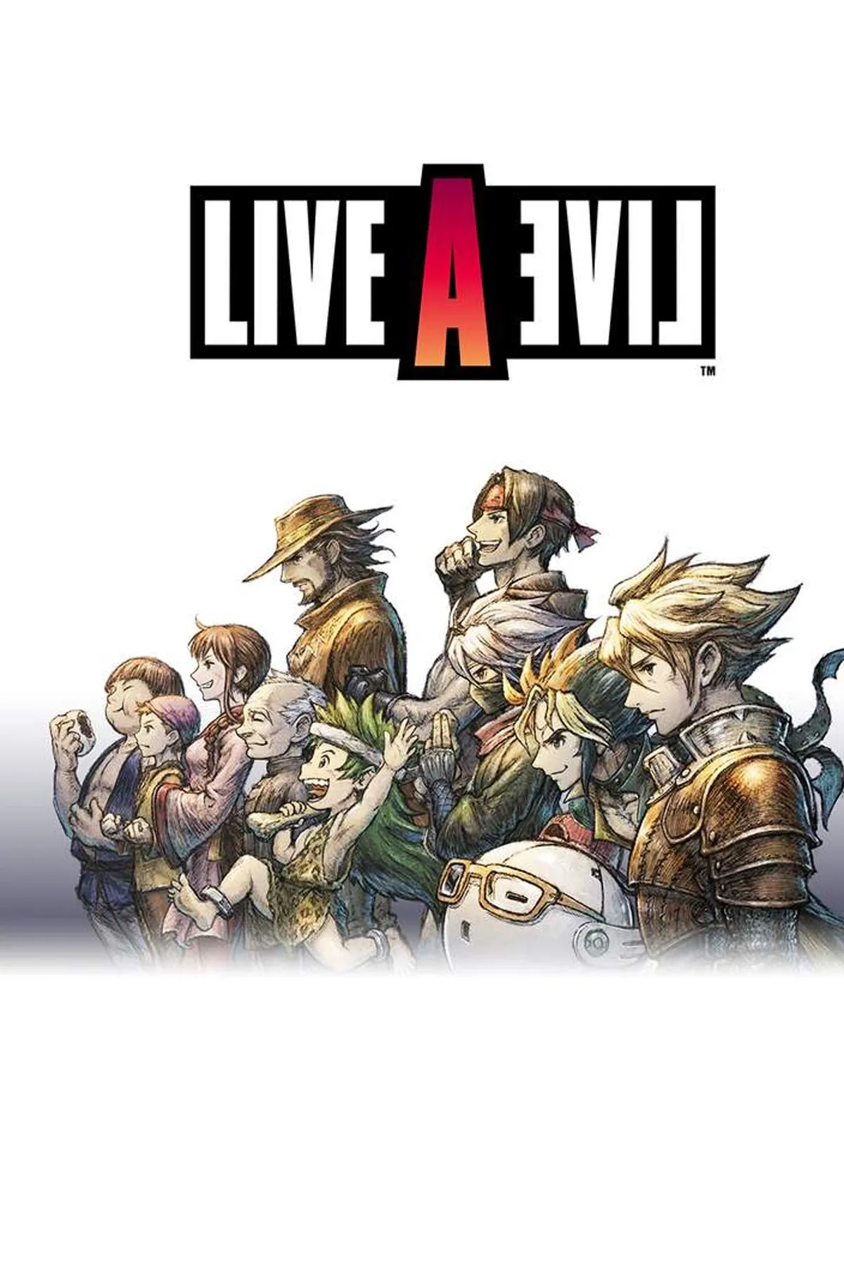 Bìa nghệ thuật game Live A Live, với các nhân vật đại diện cho các thời đại khác nhau.