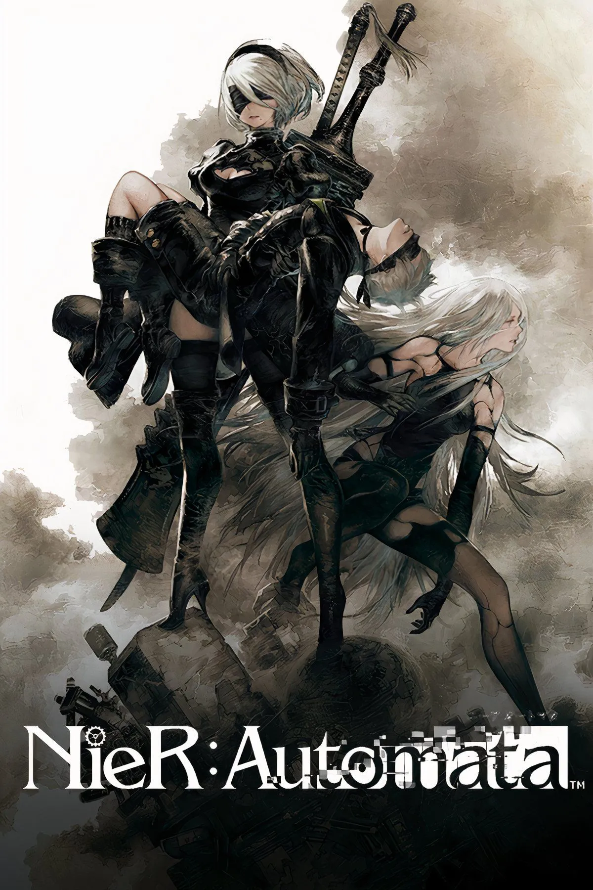 Bìa nghệ thuật NieR: Automata, với 2B cầm kiếm đứng trong khung cảnh đổ nát.