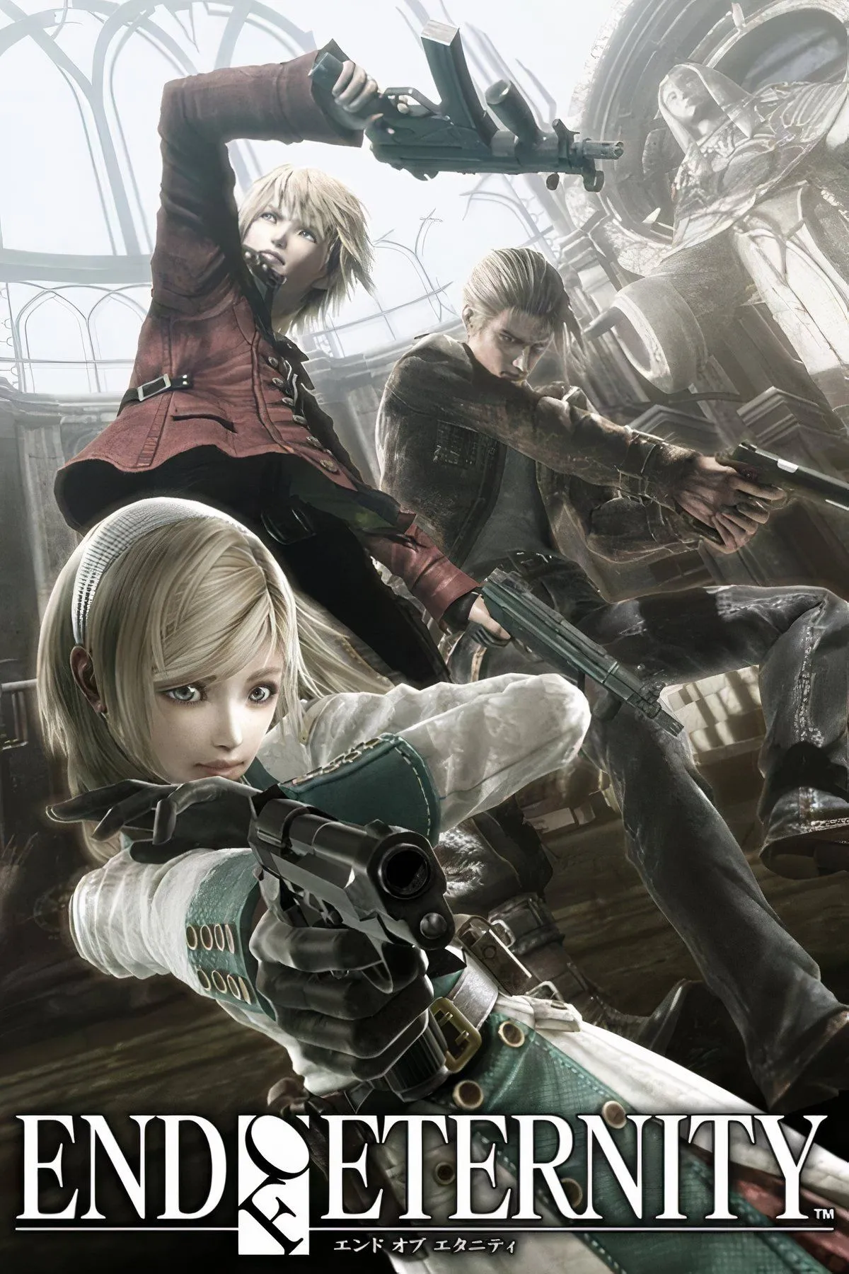 Bìa nghệ thuật Resonance of Fate, với ba nhân vật chính Zephyr, Leanne và Vashyron cầm súng.