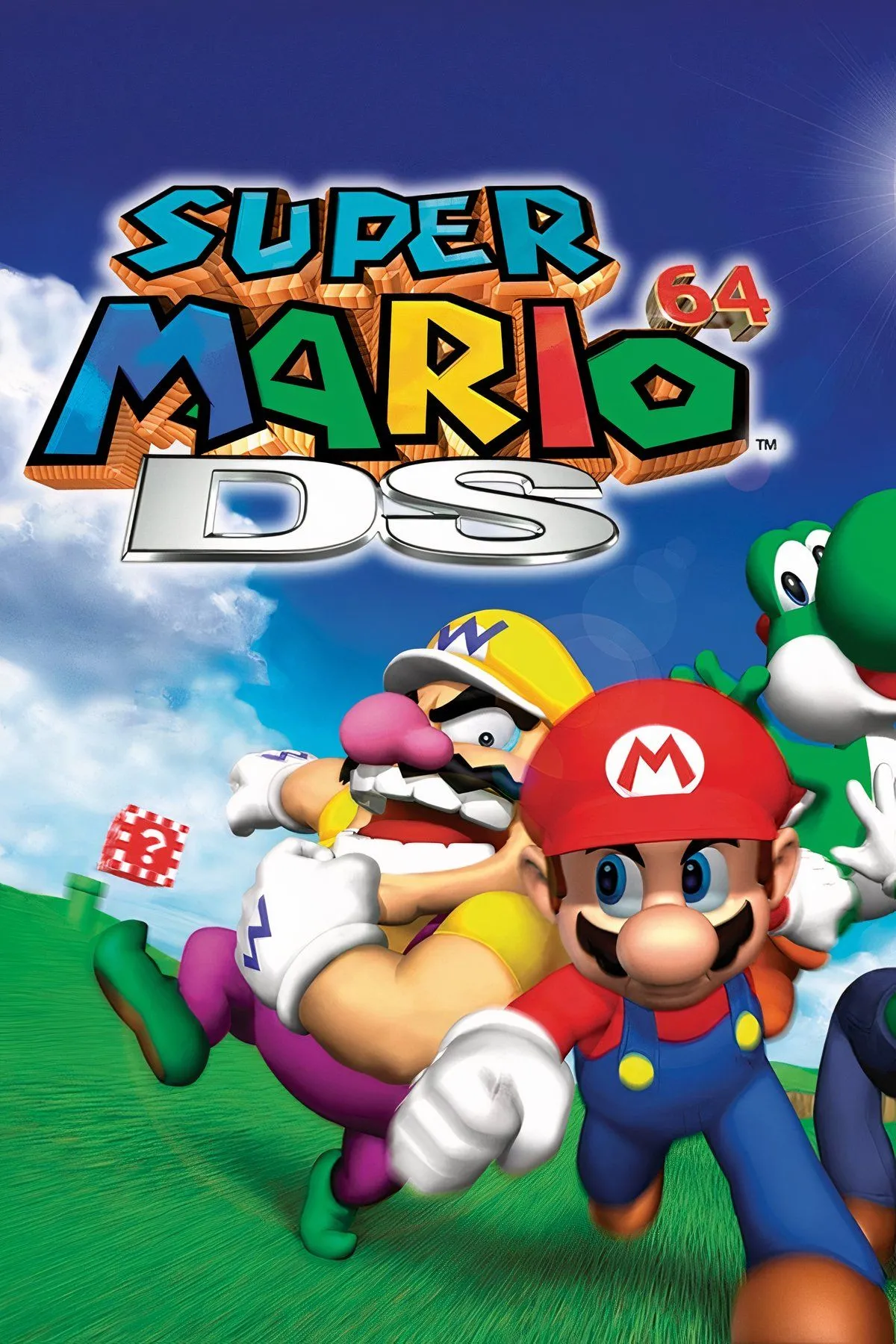 Bốn nhân vật Mario, Luigi, Yoshi và Wario trong tạo hình 3D trên màn hình kép của máy Nintendo DS, biểu trưng cho sự bổ sung nhân vật trong Super Mario 64 DS.