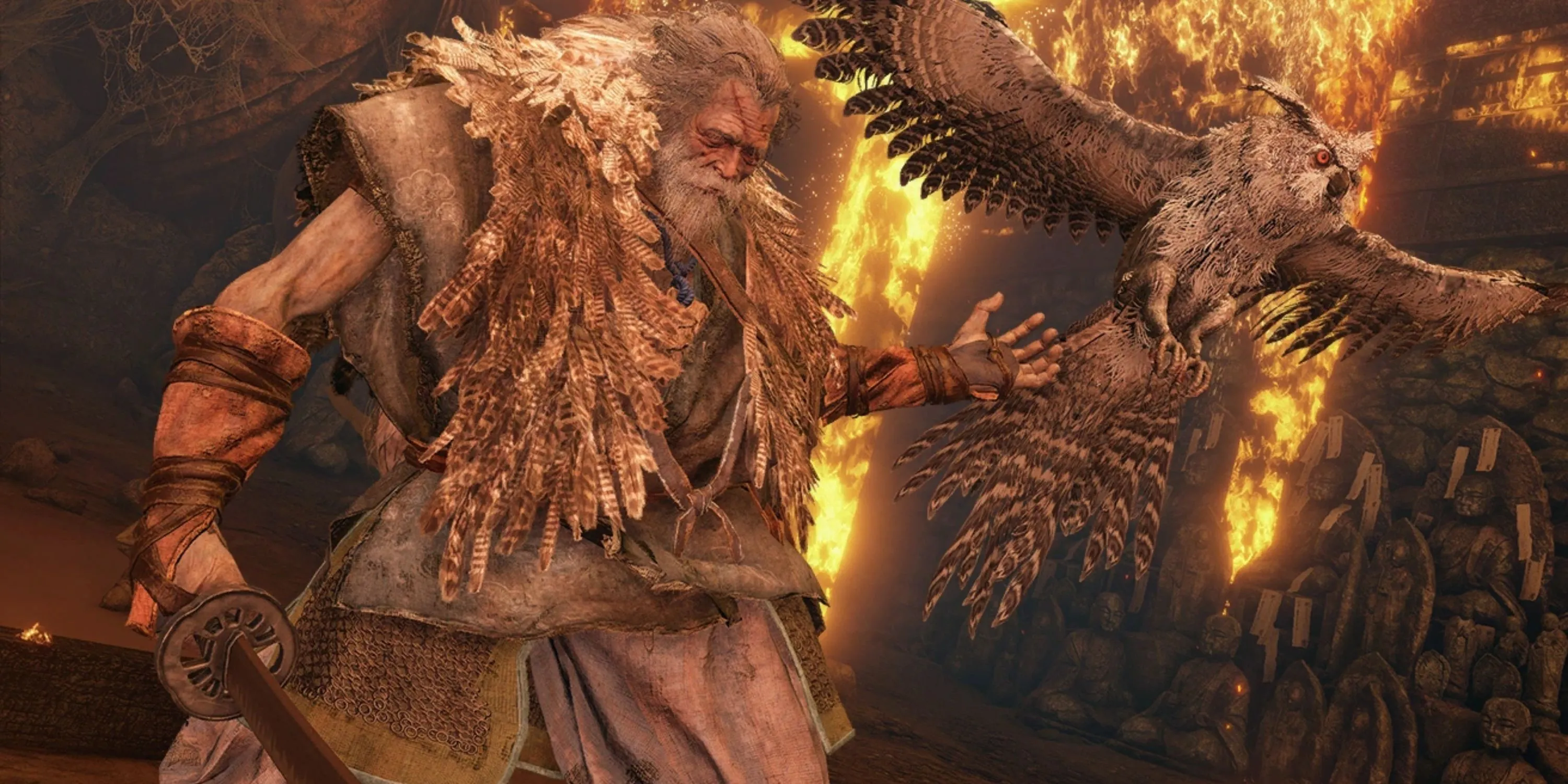 Boss Owl Father (Nội Viêm) trong Sekiro: Shadows Die Twice, biểu tượng cho nội dung mới hoặc cập nhật mà người chơi có thể khám phá.