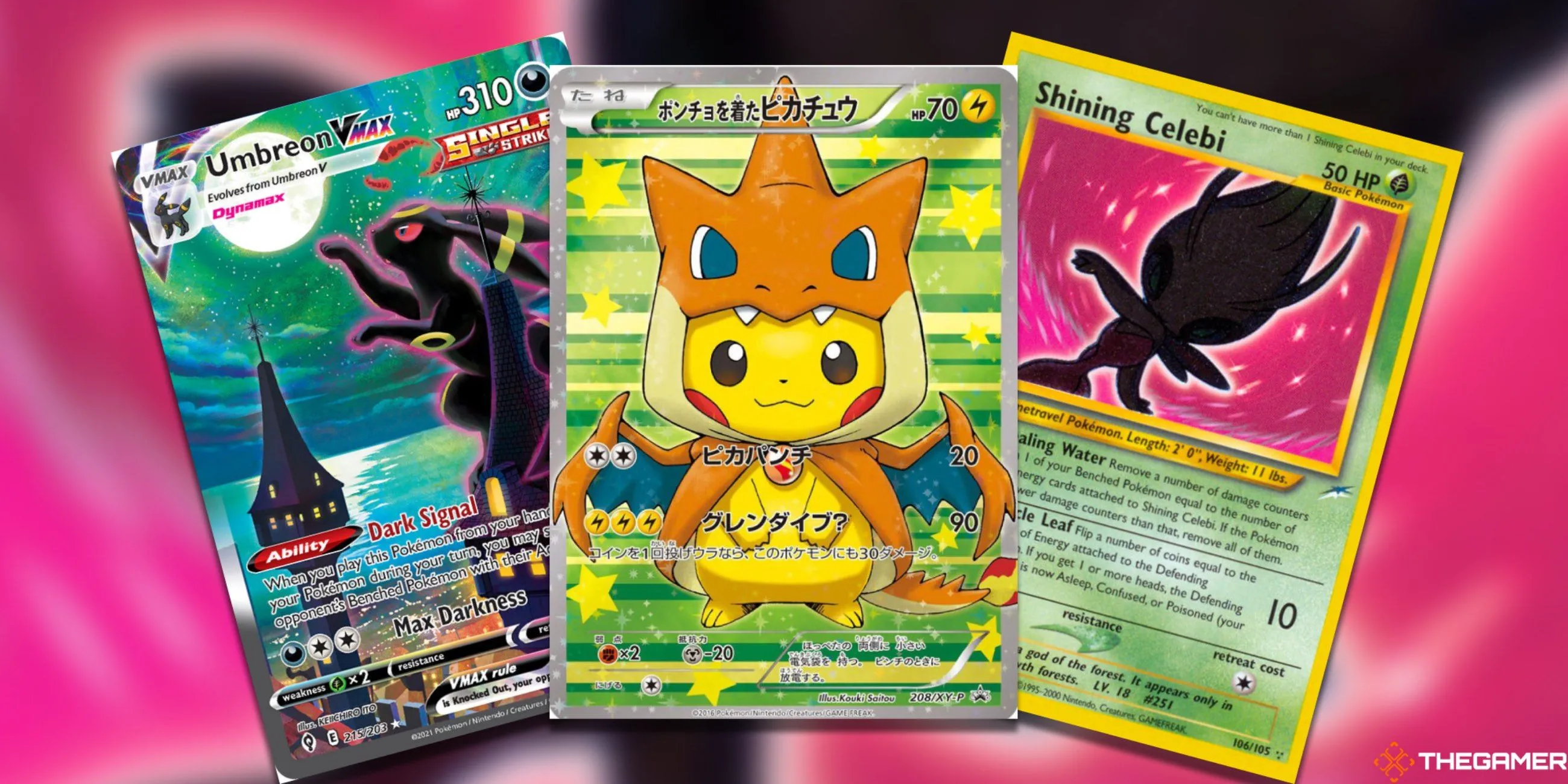 Các thẻ bài Pokemon TCG cực hiếm: Umbreon VMAX, M Charizard Y Poncho-wearing Pikachu và Shining Celebi, minh họa cách kiểm tra giá thẻ.