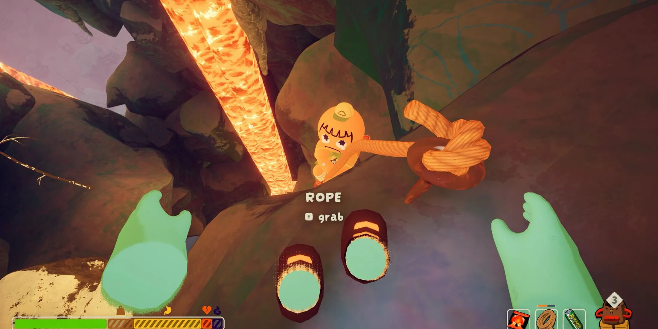 Cận cảnh sợi dây thừng và tay người chơi trong PEAK, nhấn mạnh gameplay leo trèo chân thực và yêu cầu sự khéo léo.