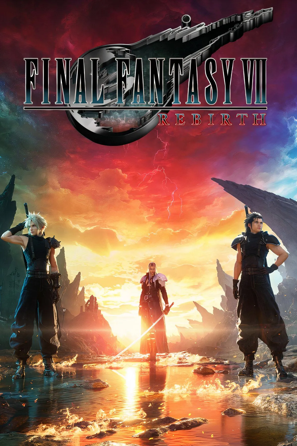 Cloud Strife, Tifa Lockhart, Barret Wallace và Aerith Gainsborough trong Final Fantasy VII Rebirth, tất cả đang nhìn về một hướng với biểu cảm nghiêm túc.