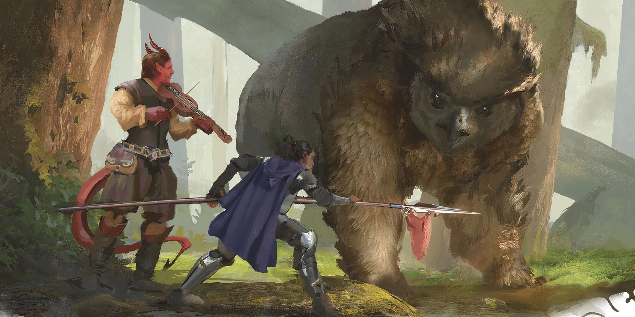 Hai phiêu lưu gia đang đàm phán với một Owlbear trong thế giới D&amp;D, thể hiện sự đa năng của nghề phiêu lưu.