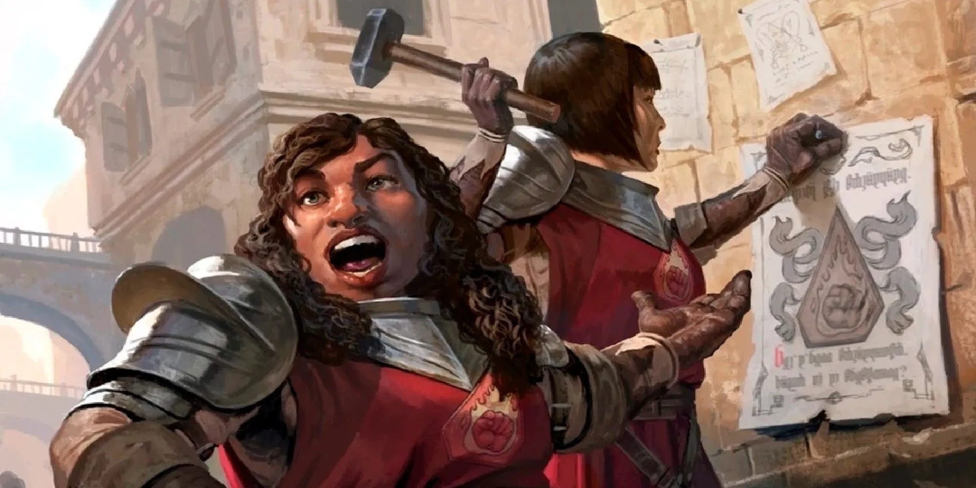 Hai thành viên Flaming Fist dán áp phích tuyển mộ, thể hiện hình ảnh lính gác D&amp;D dễ dãi.