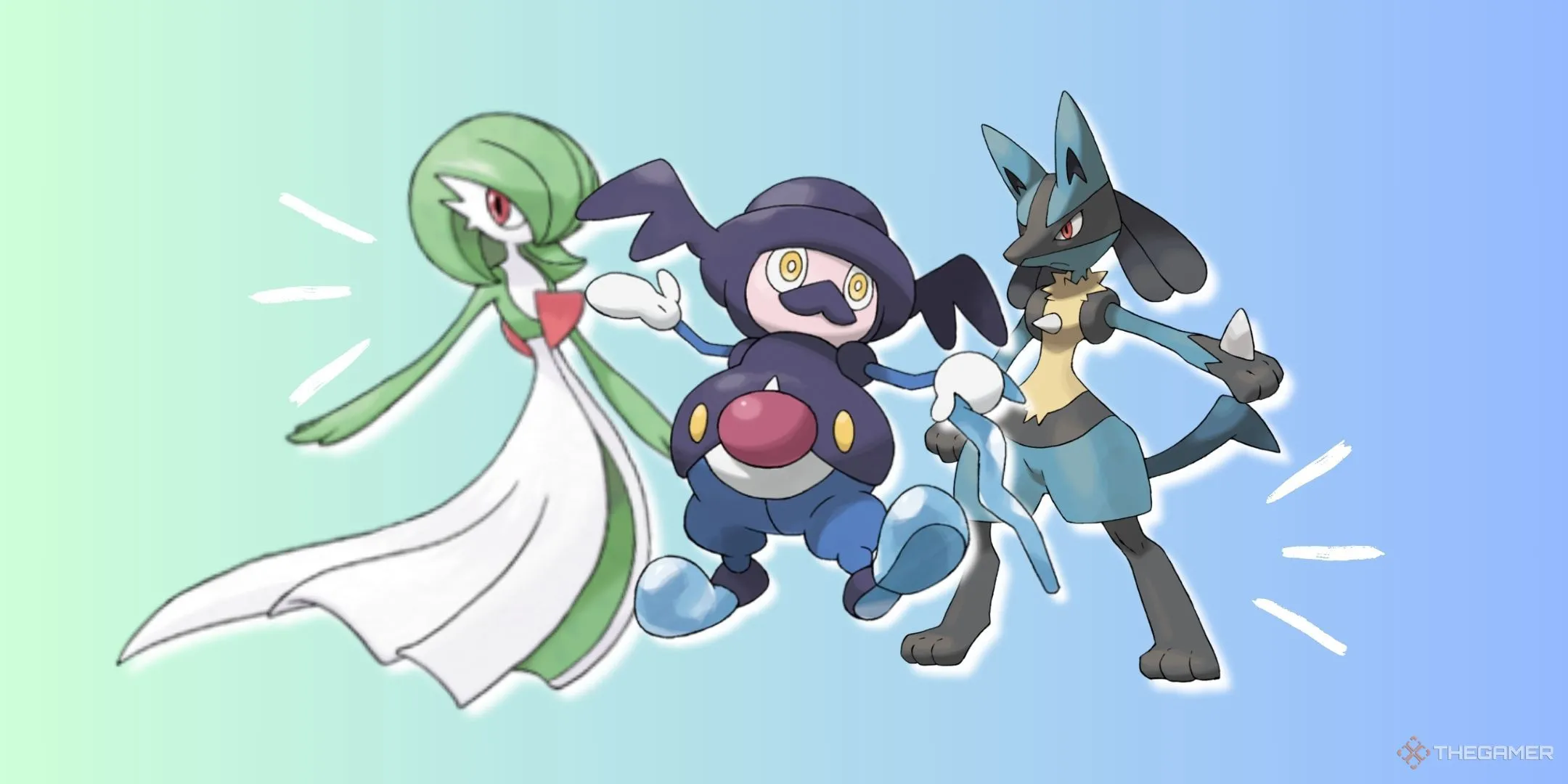 Hình ảnh các Pokemon 3D Gardevoir, Mr. Rime và Lucario, thể hiện sự khác biệt trong thiết kế mô hình.