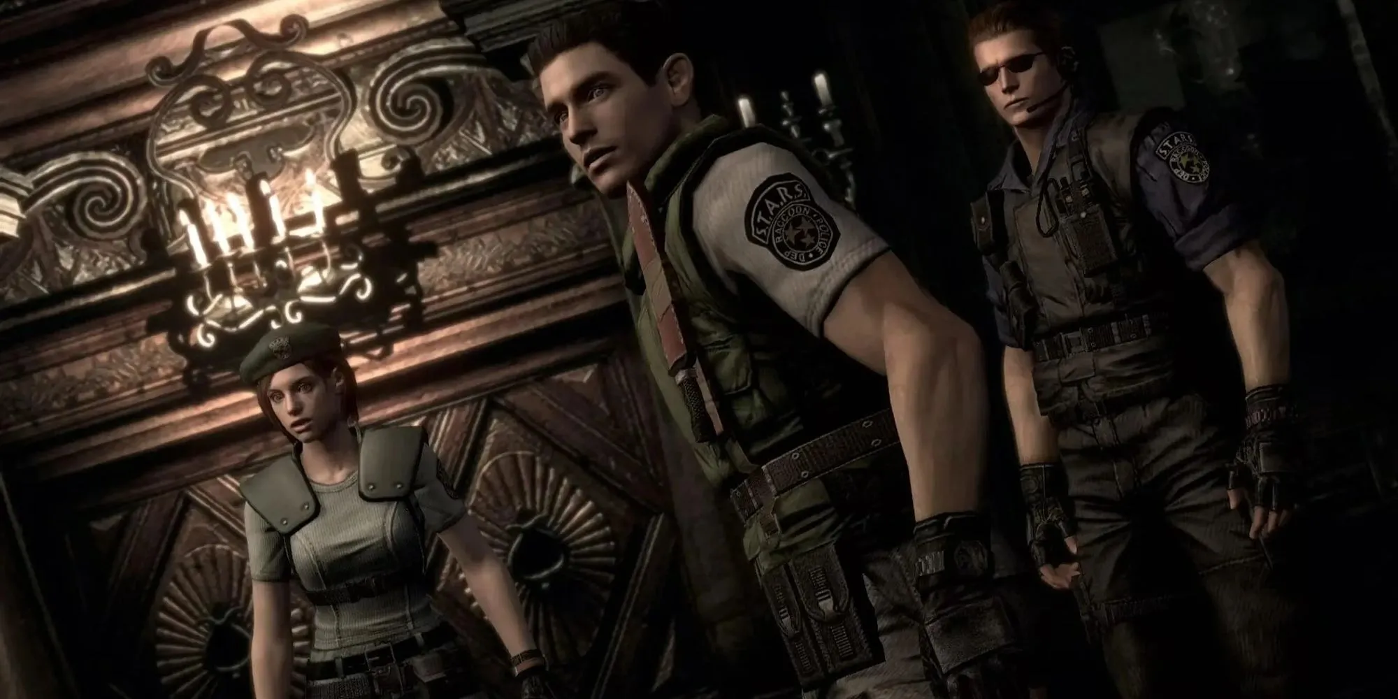Jill Valentine, Chris Redfield và Albert Wesker tiến vào dinh thự Resident Evil