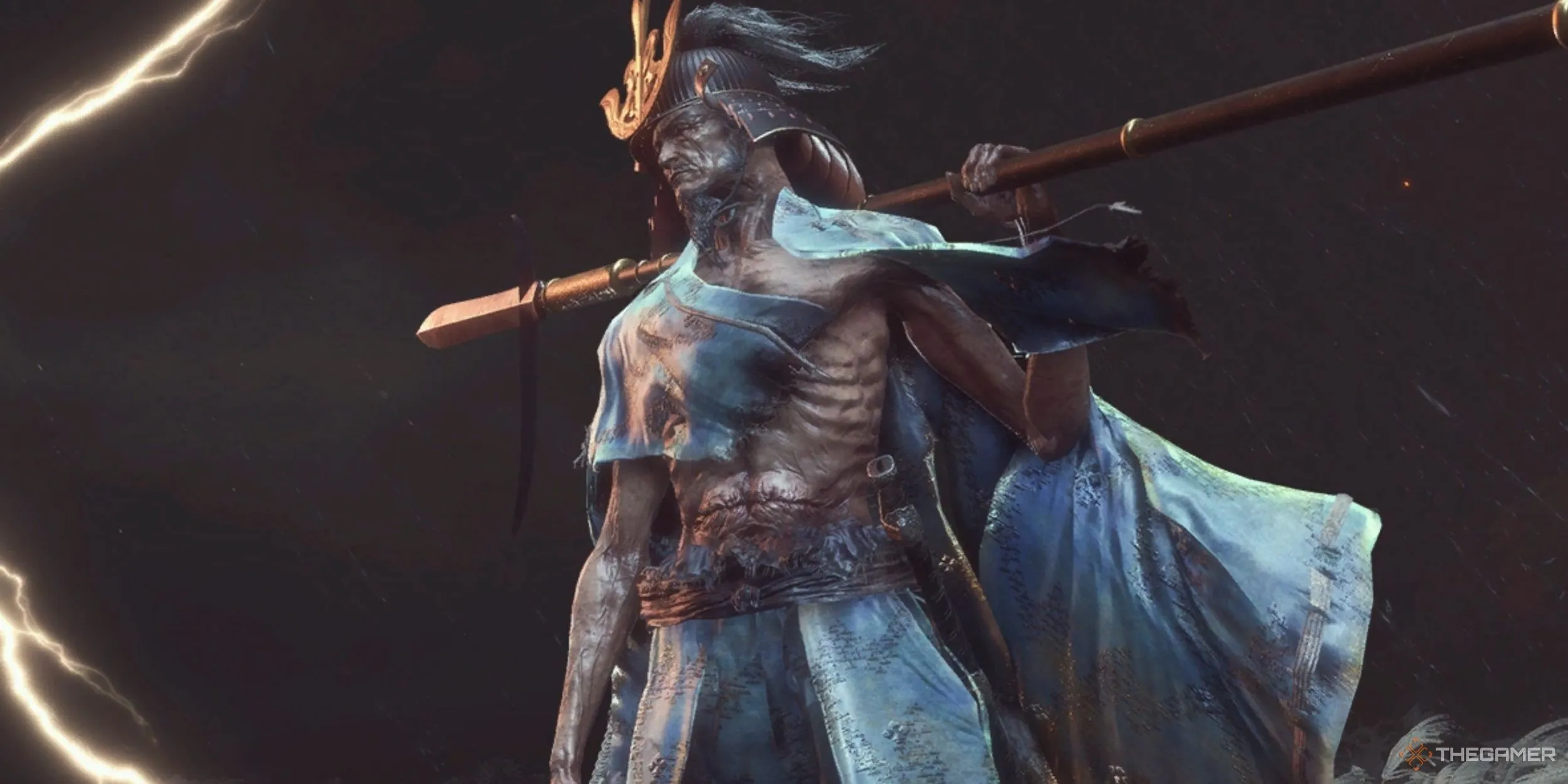 Kiếm Thánh Isshin với cây thương trong trận chiến cuối cùng của Sekiro, đại diện cho việc chinh phục thành tích game.