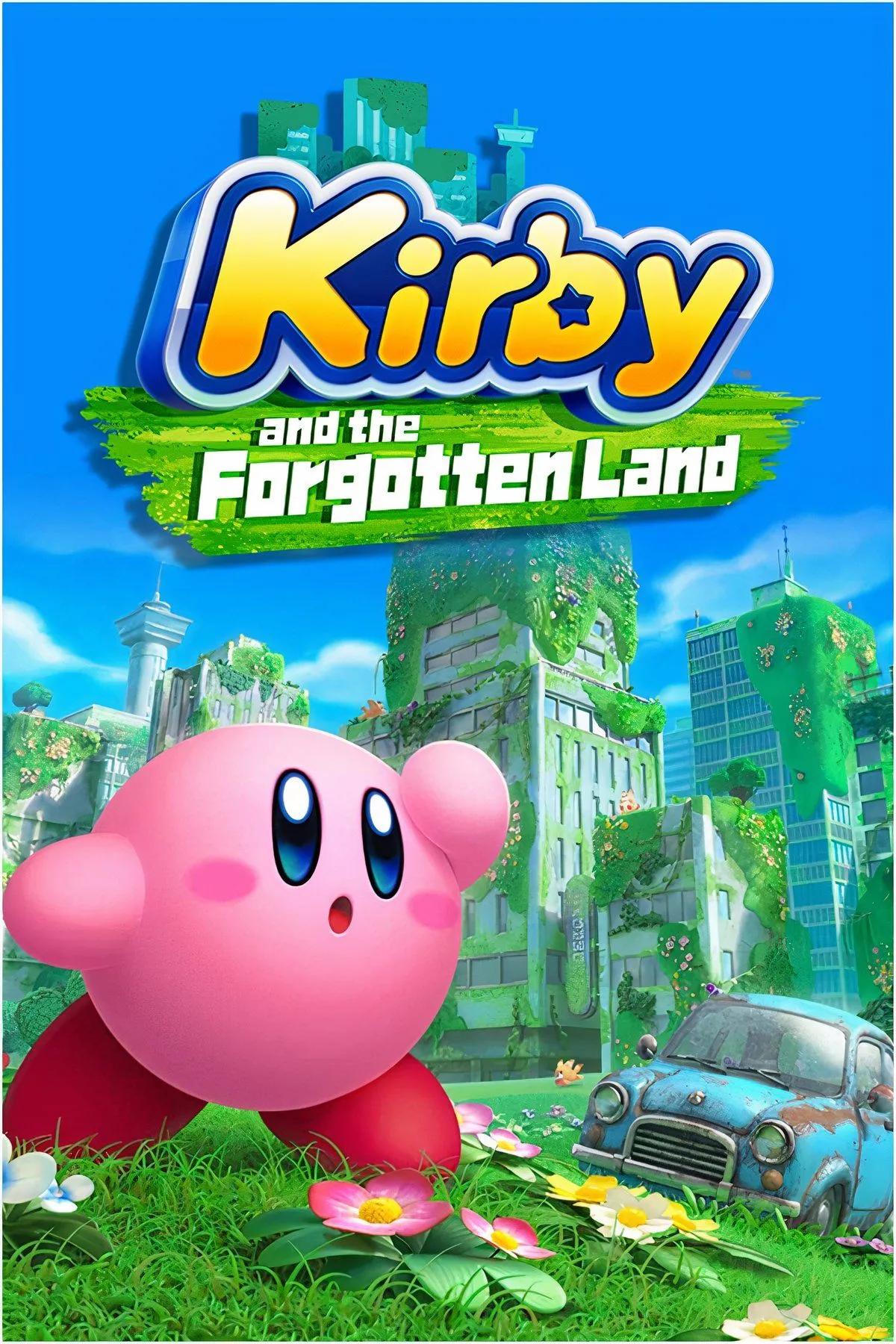Kirby đang dùng kỹ năng Mouthful Mode nuốt chửng một chiếc xe hơi trong Kirby and the Forgotten Land.