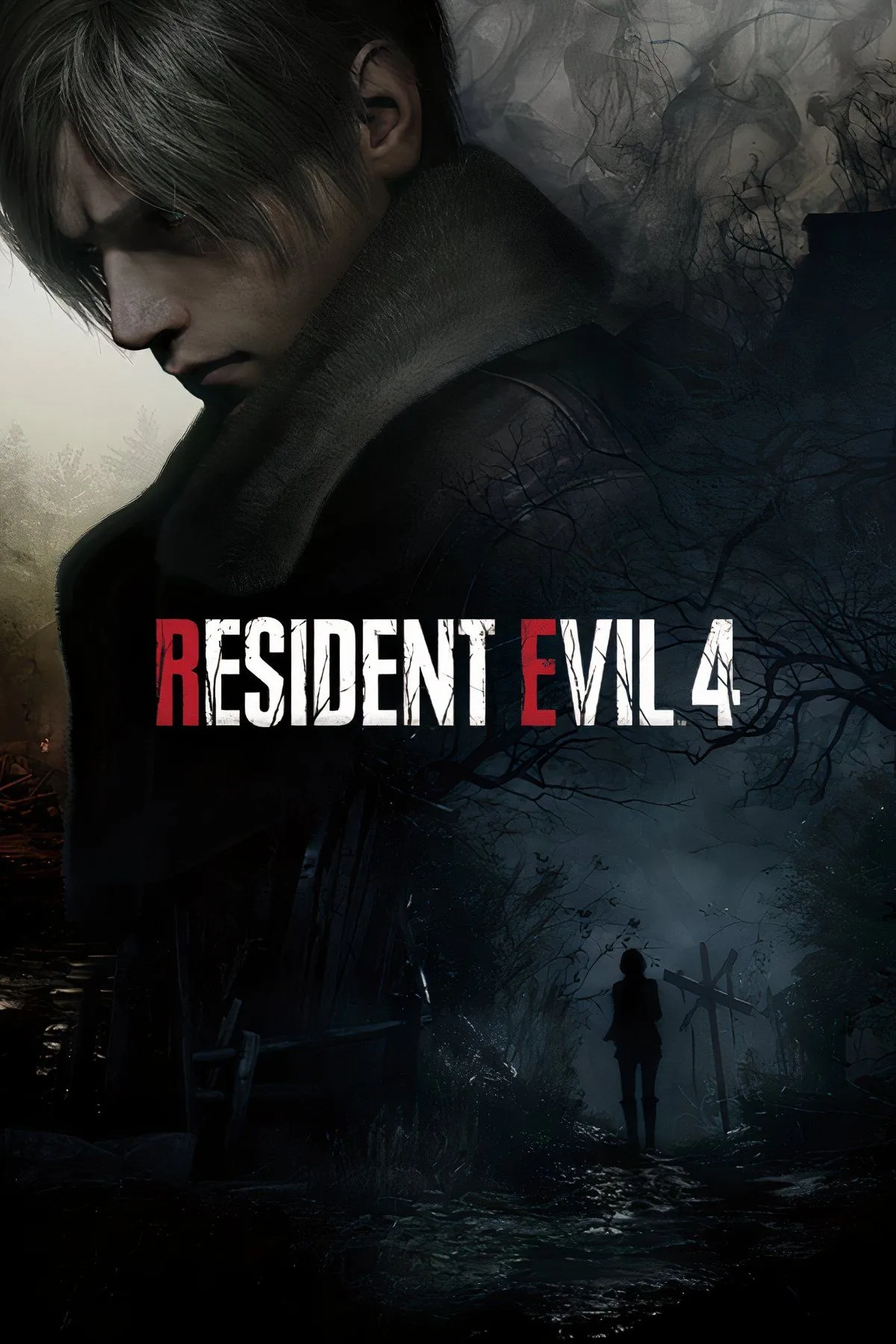 Leon S. Kennedy đối đầu với một kẻ thù infected với ánh mắt đỏ rực trong Resident Evil 4 Remake, ánh sáng xanh mờ ảo tạo nên không khí kinh dị.