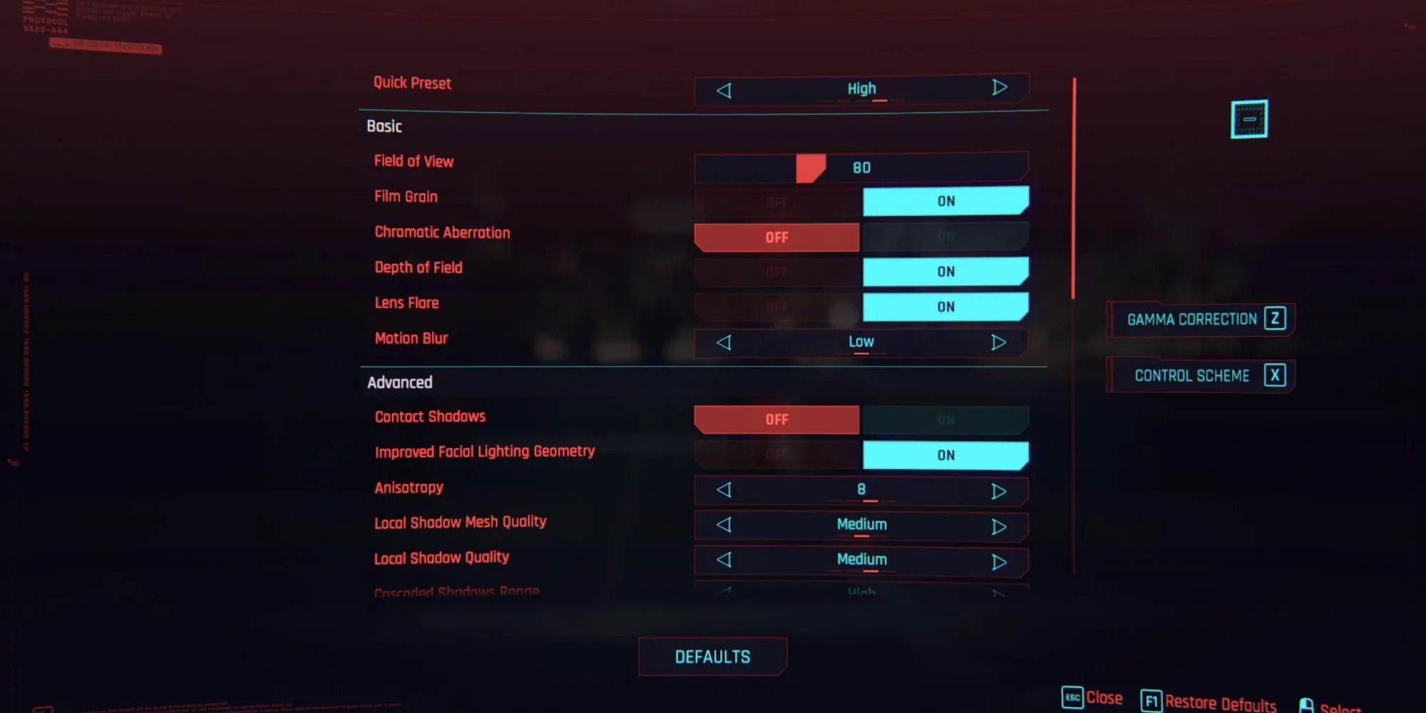 Màn hình tùy chỉnh cài đặt đồ họa nâng cao trong game Cyberpunk 2077