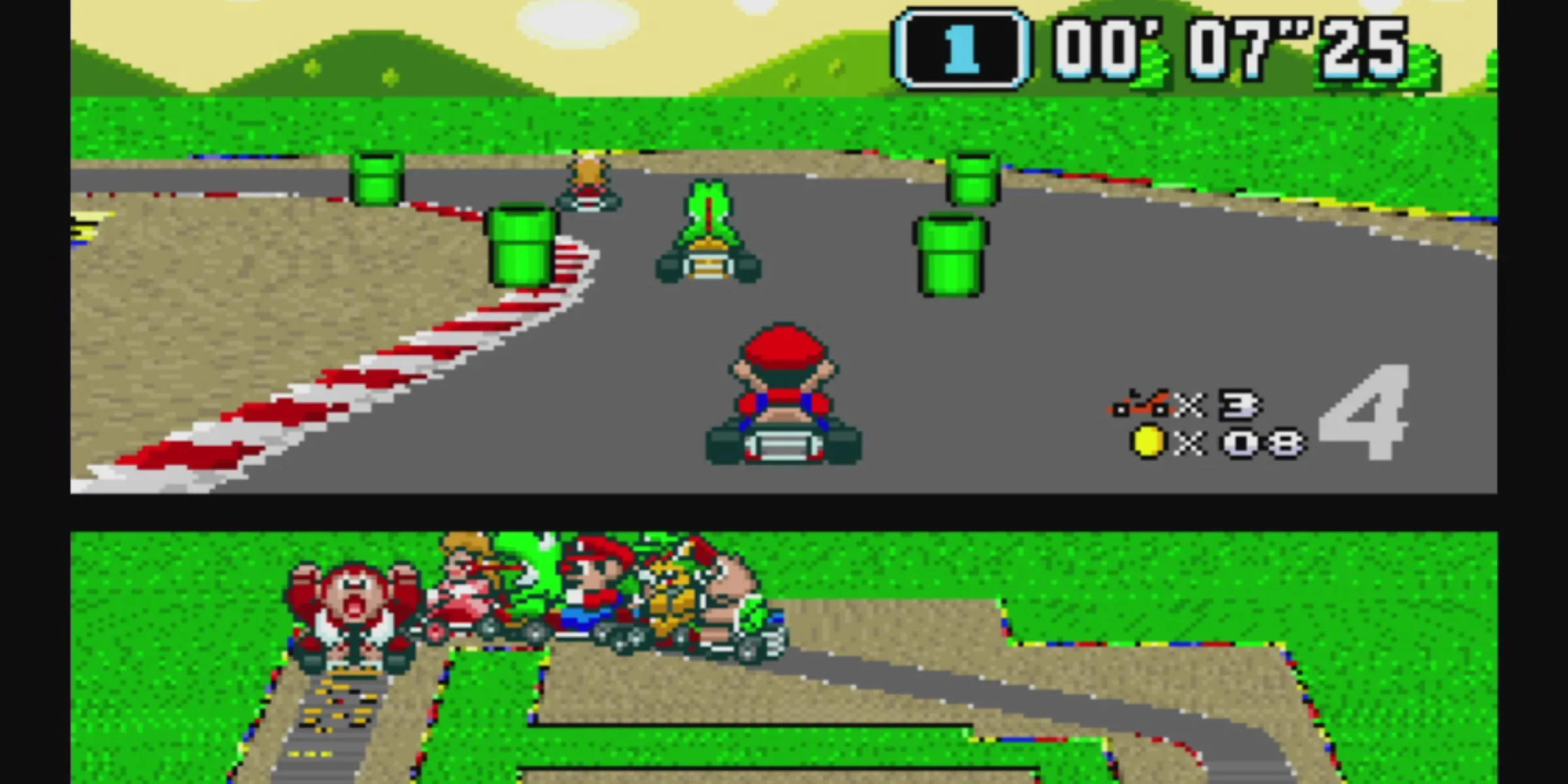 Mario, Yoshi và Peach đua xe trong Super Mario Kart trên SNES
