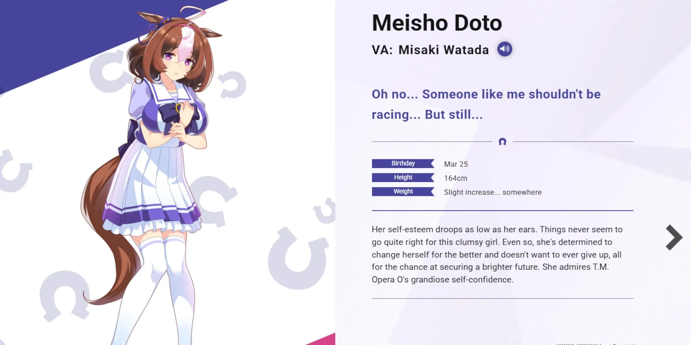 Meisho Doto, một trong những Umamusume nổi bật, với biểu cảm đáng yêu và thần thái đặc trưng, đại diện cho dàn nhân vật đa dạng.