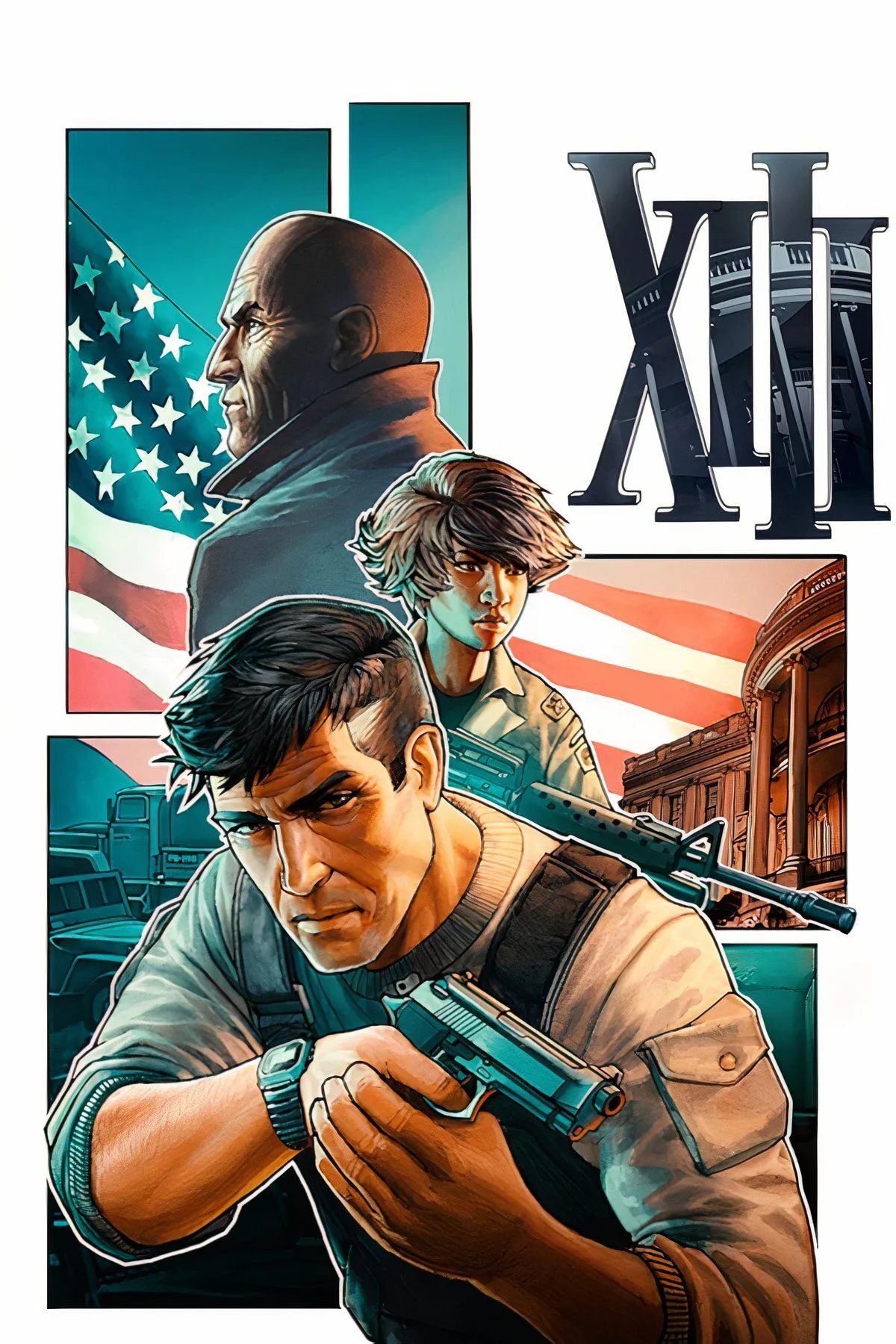 Mixcollage ảnh chụp màn hình game XIII (2020) với đồ họa cel-shaded đặc trưng của thể loại FPS