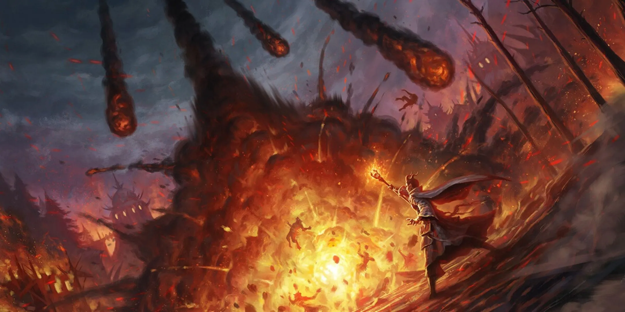 Một pháp sư Tiefling niệm chú Meteor Swarm, minh họa sự phổ biến đáng ngờ của phép thuật mạnh trong D&amp;D.