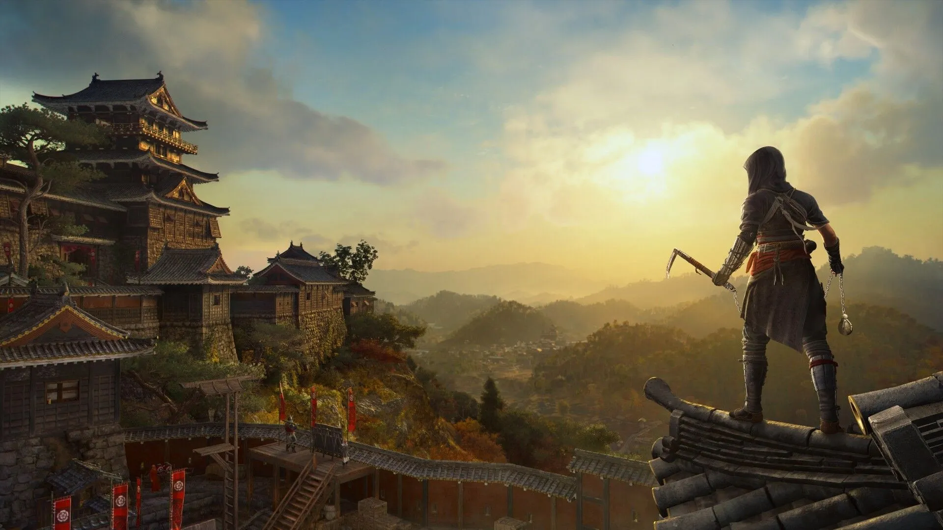 Naoe ẩn mình trong bóng tối, thực hiện đòn ám sát lén lút trong Assassin's Creed Shadows