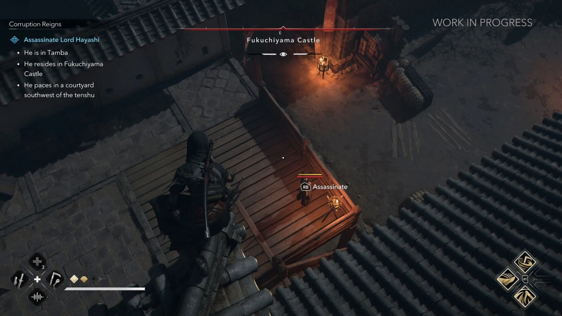 Naoe di chuyển trên mái nhà trong Assassin's Creed Shadows, thể hiện khả năng parkour và di chuyển linh hoạt