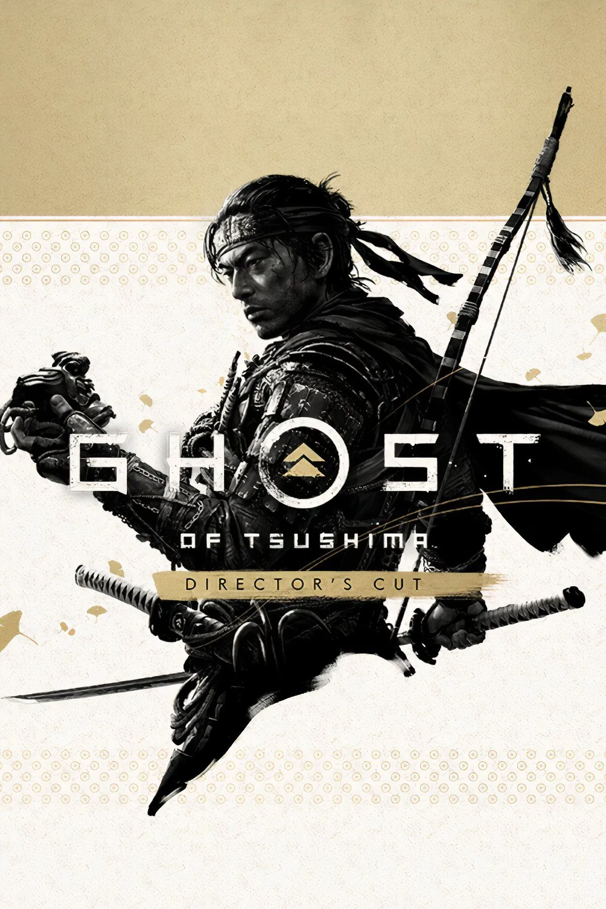 Nghệ thuật cover của game Ghost of Tsushima Director's Cut, với Jin Sakai và cảnh quan Nhật Bản cổ điển