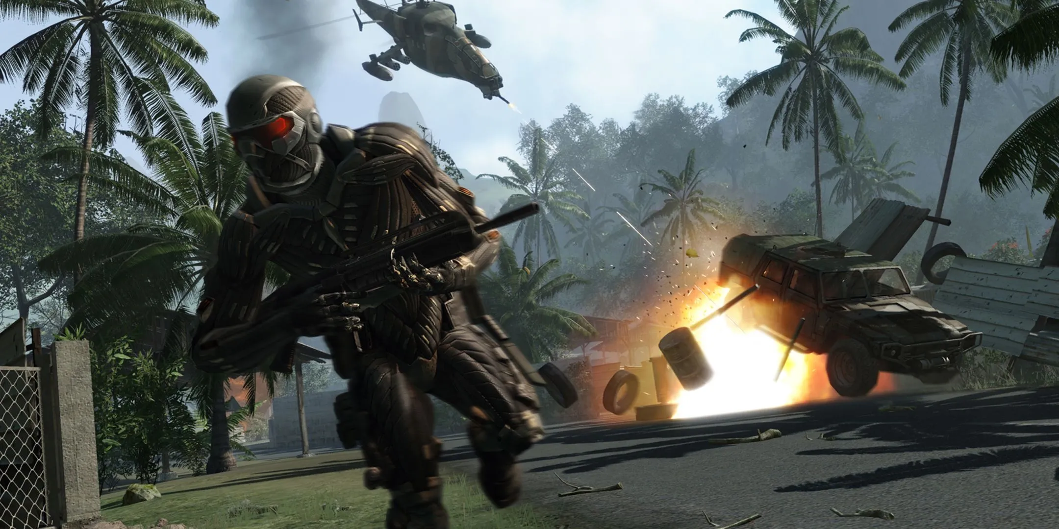 Người lính Crysis chạy trốn trực thăng, minh họa yêu cầu cấu hình game PC