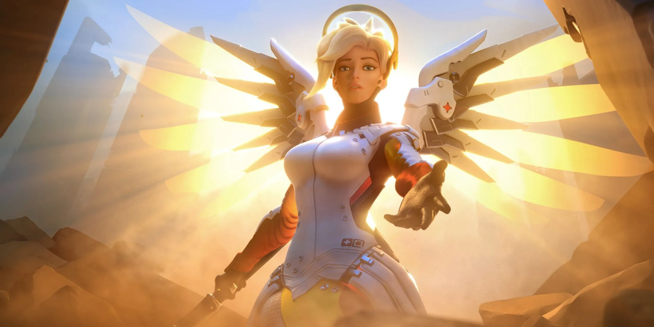 Nữ hero Support Mercy trong trang phục Valkyrie với cánh và Caduceus Staff, đang bay lượn trên bản đồ Overwatch 2
