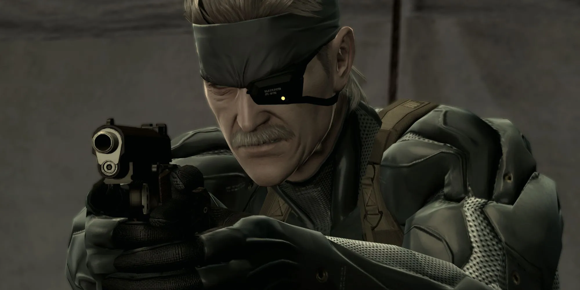 Old Snake đang cầm súng trong một cảnh của Metal Gear Solid 4: Guns of the Patriots