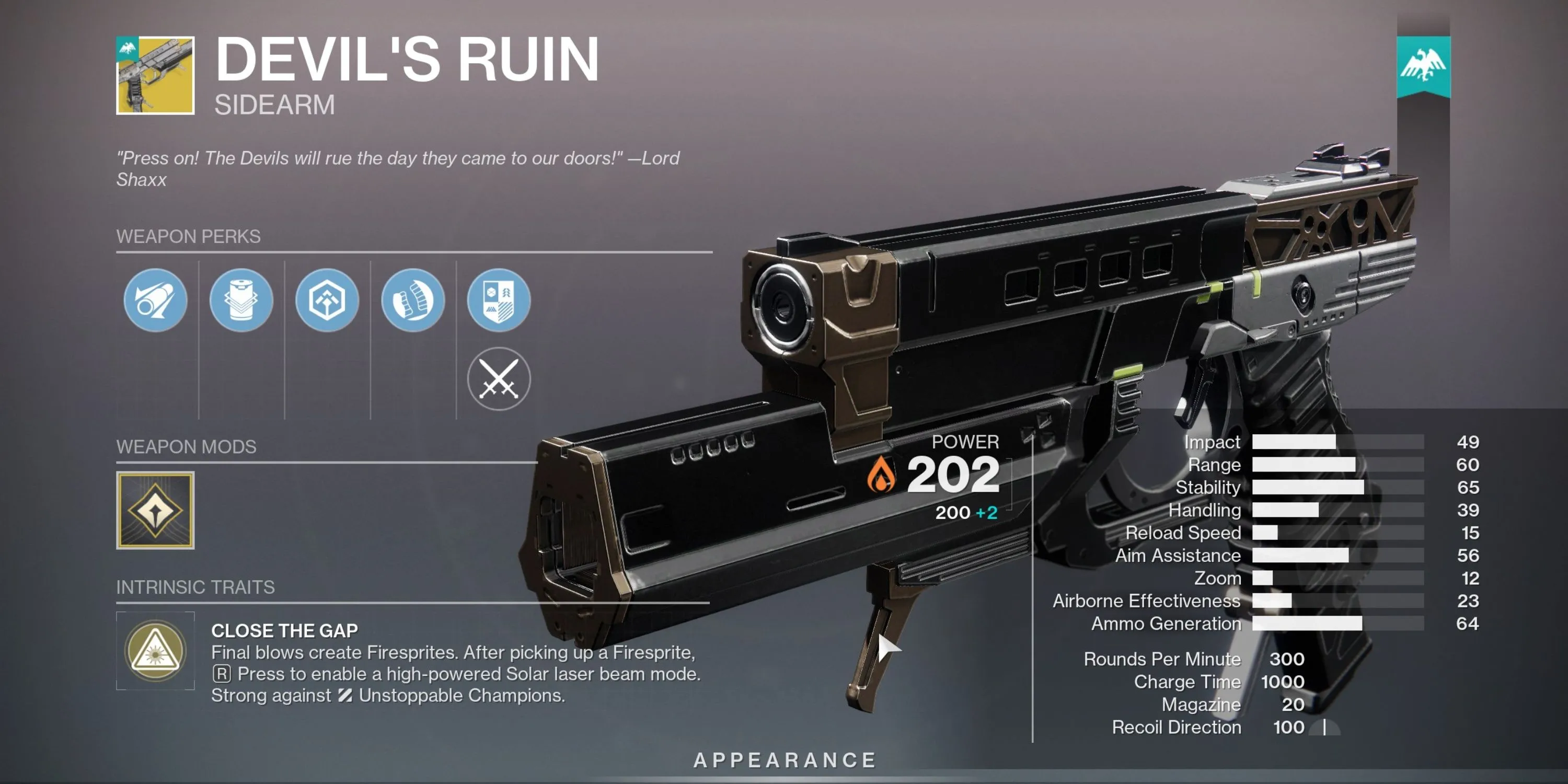 Sidearm Exotic Devil's Ruin trong Destiny 2 với thông số chi tiết