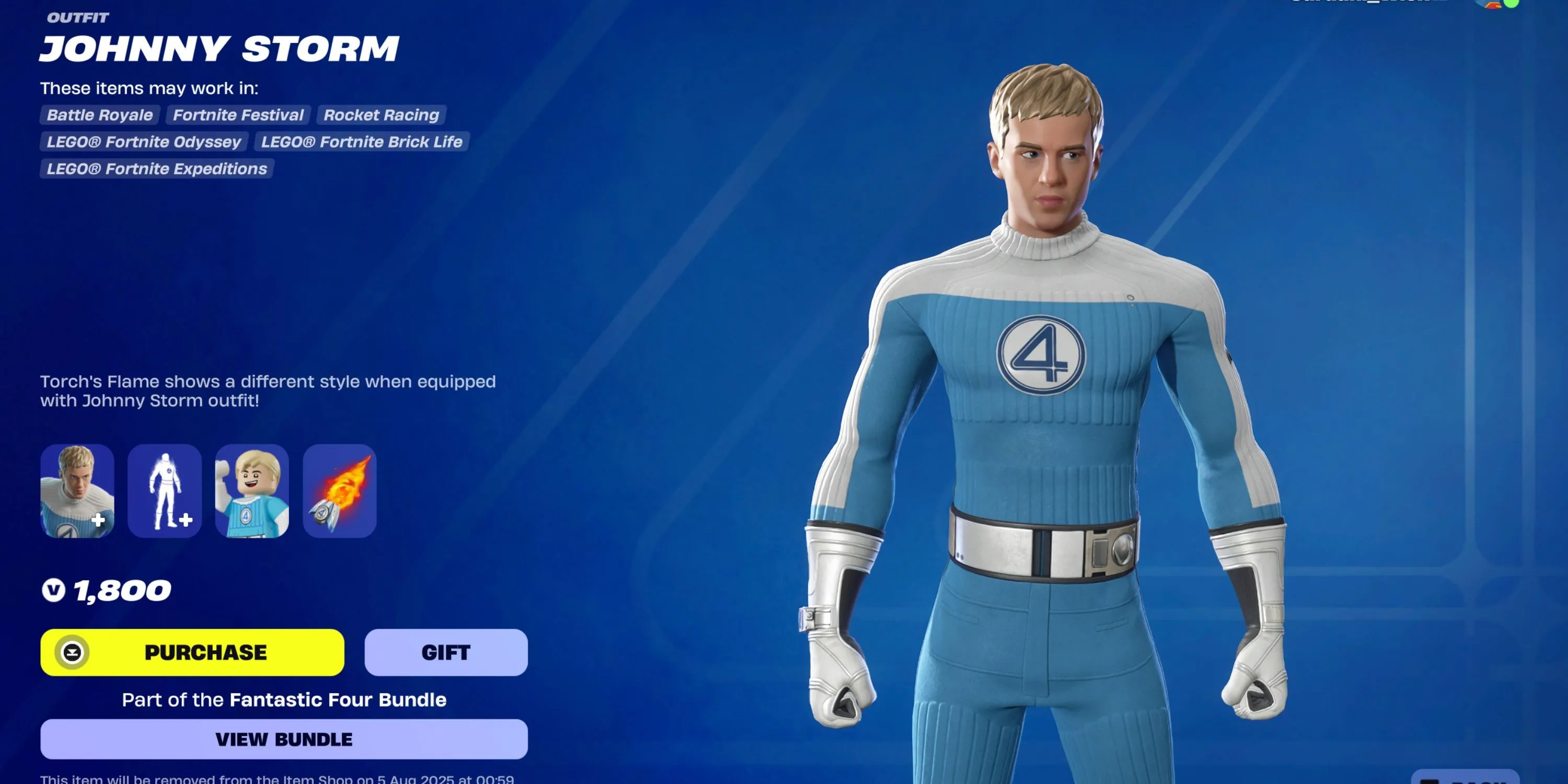 Skin Human Torch Johnny Storm với hiệu ứng bốc cháy rực lửa trong Fortnite, tạo hình Joseph Quinn.