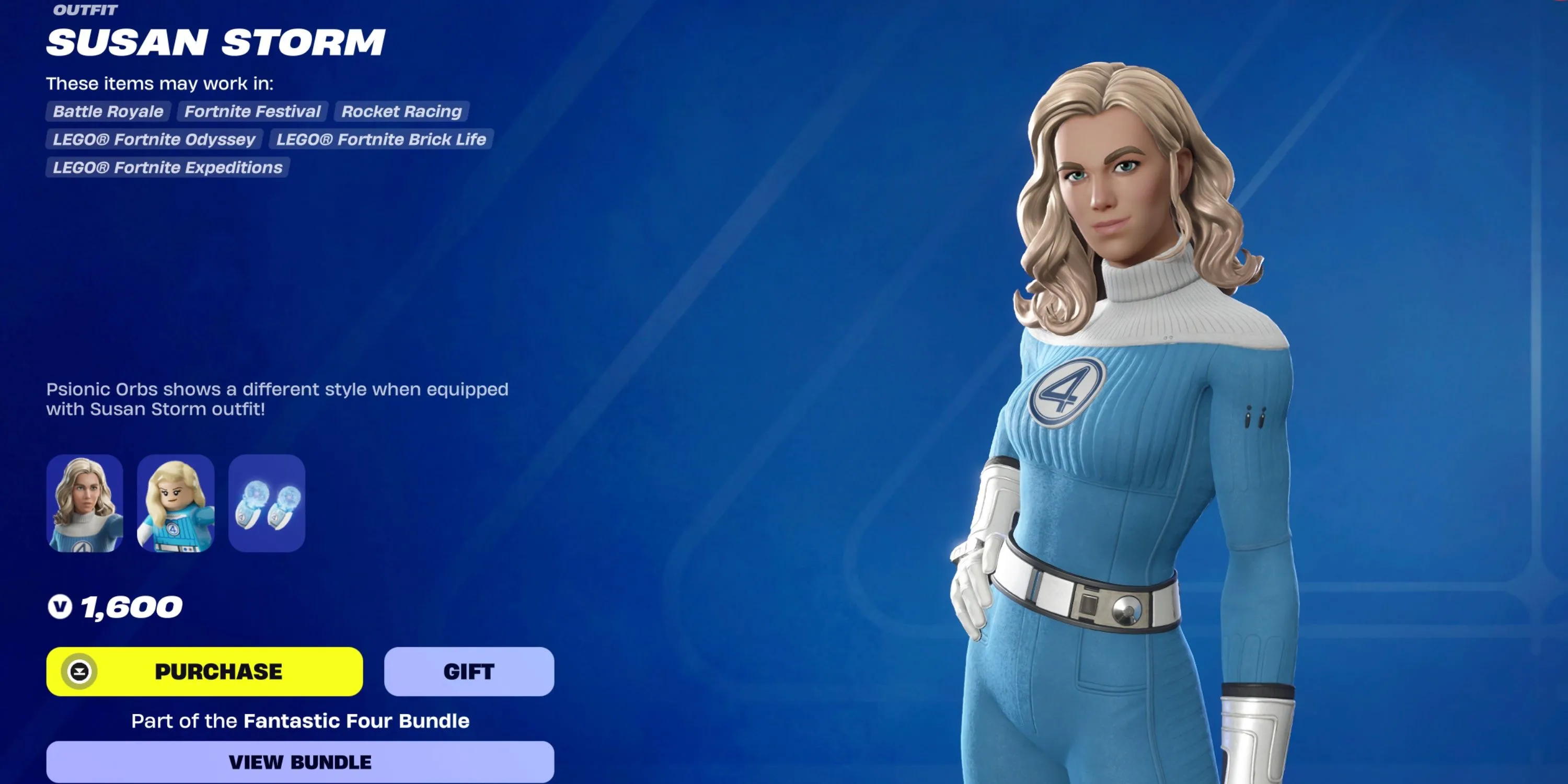 Skin Invisible Woman Susan Storm của Vanessa Kirby trong Fortnite, cầm hai quả cầu Psionic Orbs.