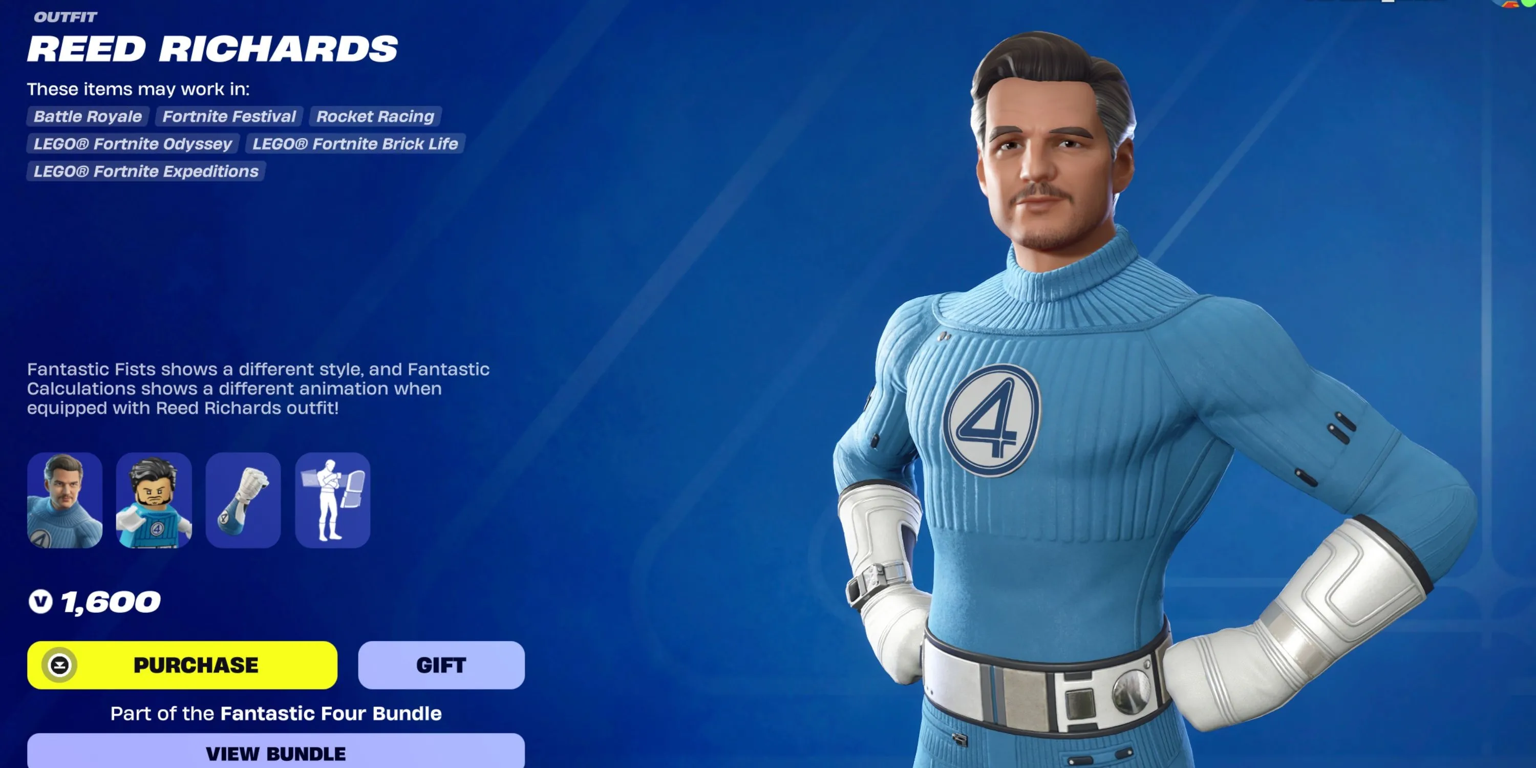 Skin Mister Fantastic Reed Richards với tạo hình Pedro Pascal trong Fortnite, đang thể hiện kỹ năng co giãn độc đáo.