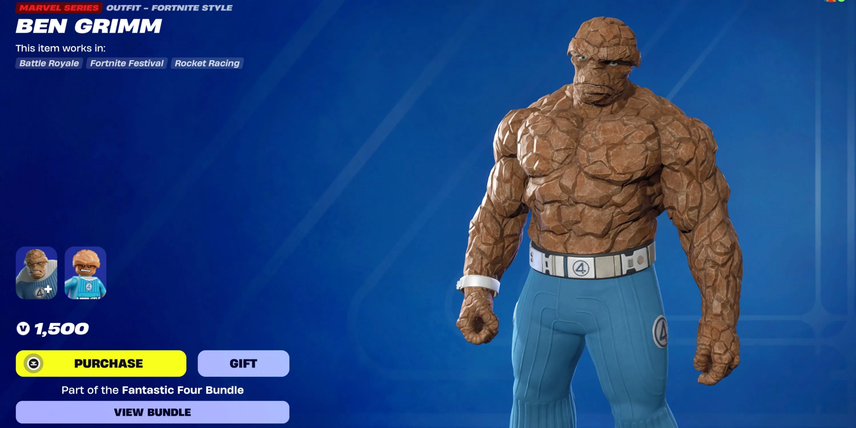 Skin The Thing Ben Grimm trong Fortnite, biểu tượng sức mạnh từ Fantastic Four, với dáng đứng đặc trưng.