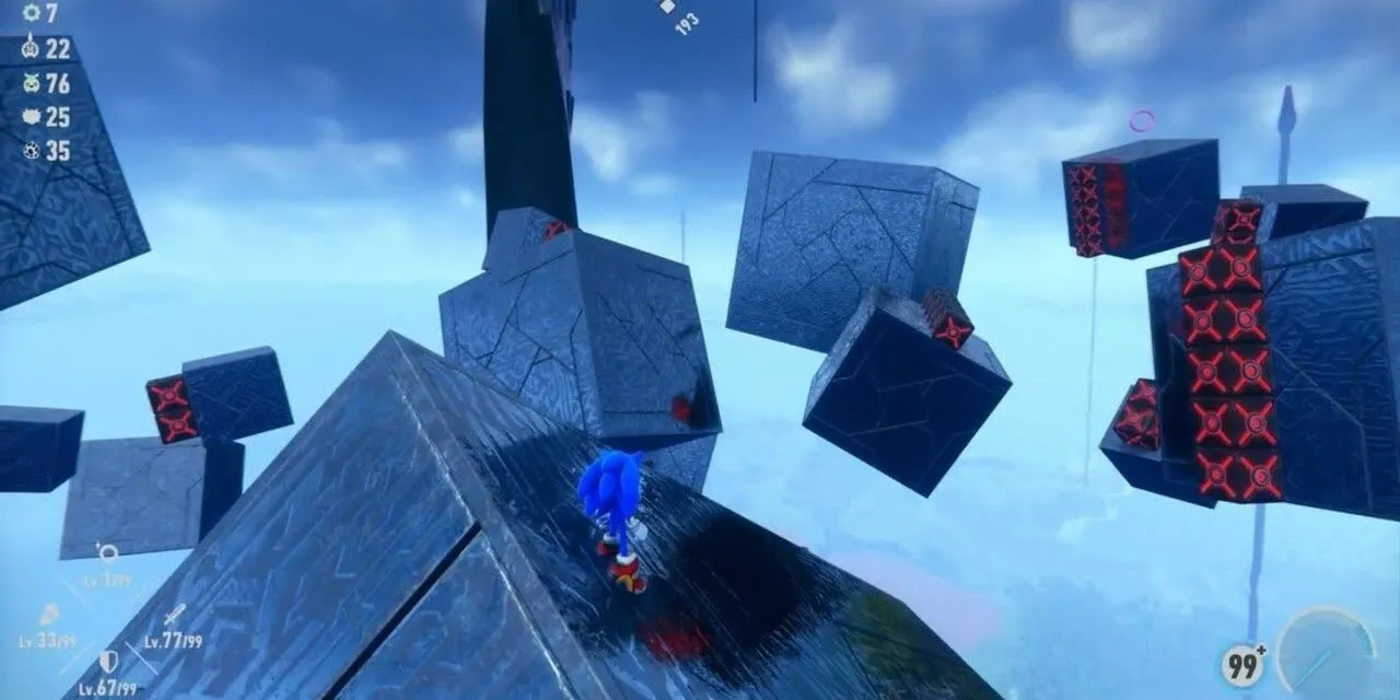 Sonic chạy nhanh trên đường ray kim loại phức tạp trong Sonic Frontiers