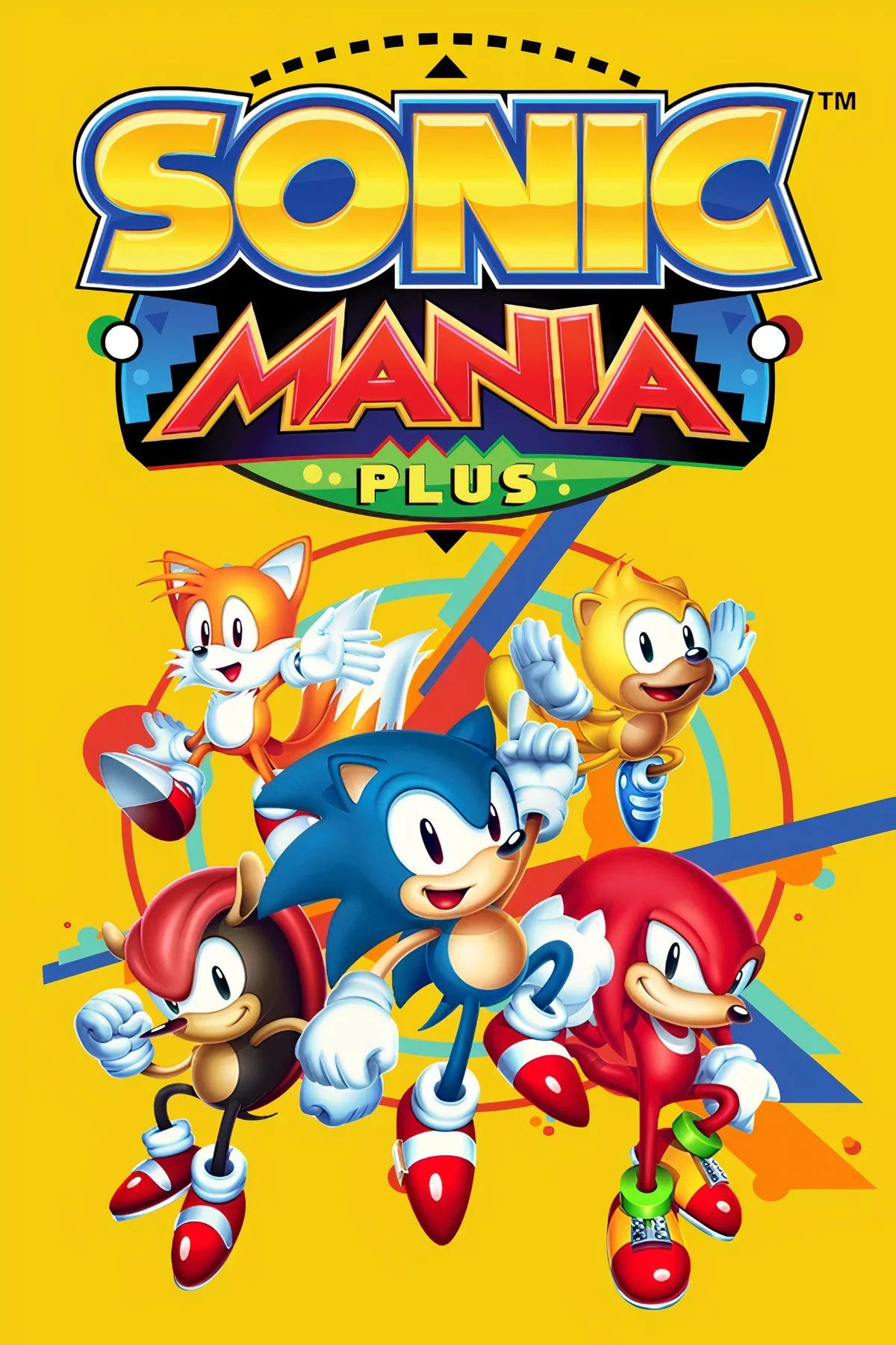 Sonic Mania Plus cover art với Sonic, Tails và Knuckles trong phong cách pixel retro rực rỡ