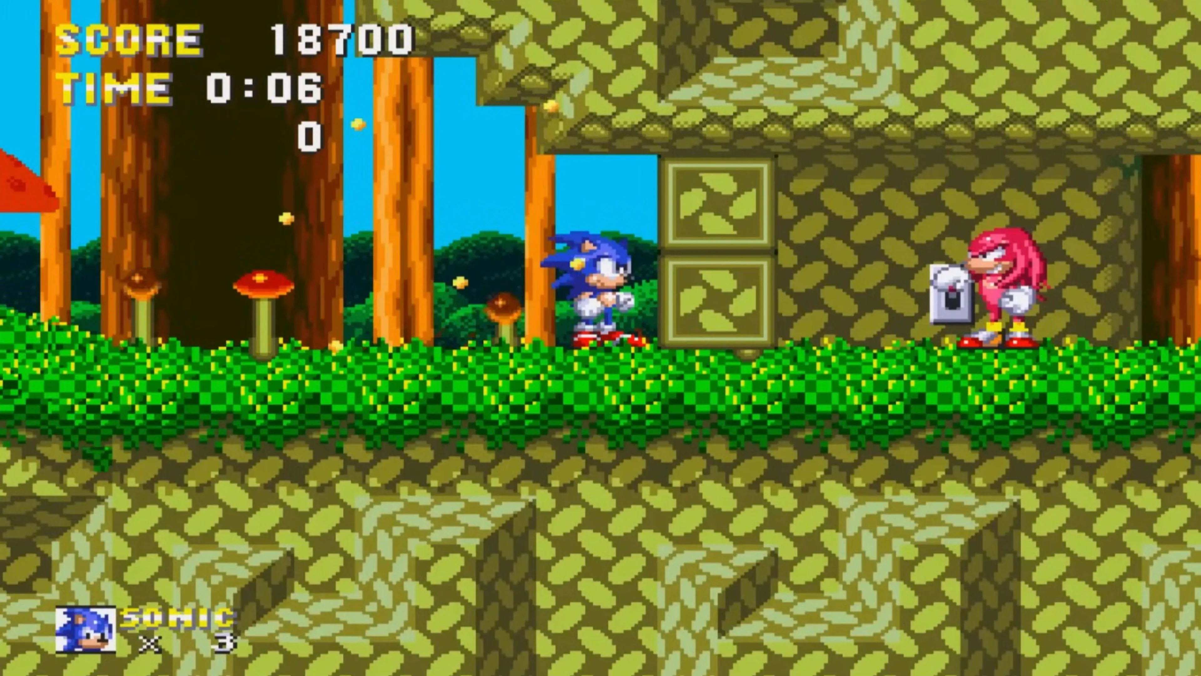 Sonic và Knuckles cùng chạy đua trên cầu vồng rực rỡ trong Angel Island Zone của Sonic 3 &amp; Knuckles