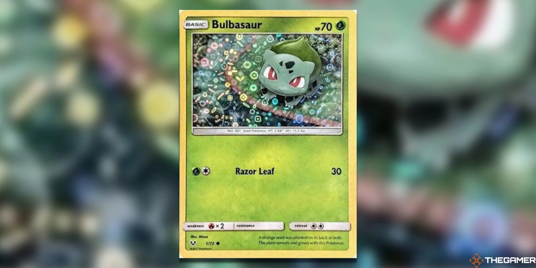 Thẻ bài Bulbasaur 1/73 General Mills, với nhiều chi tiết bong bóng và lấp lánh làm nổi bật hiệu ứng holographic.